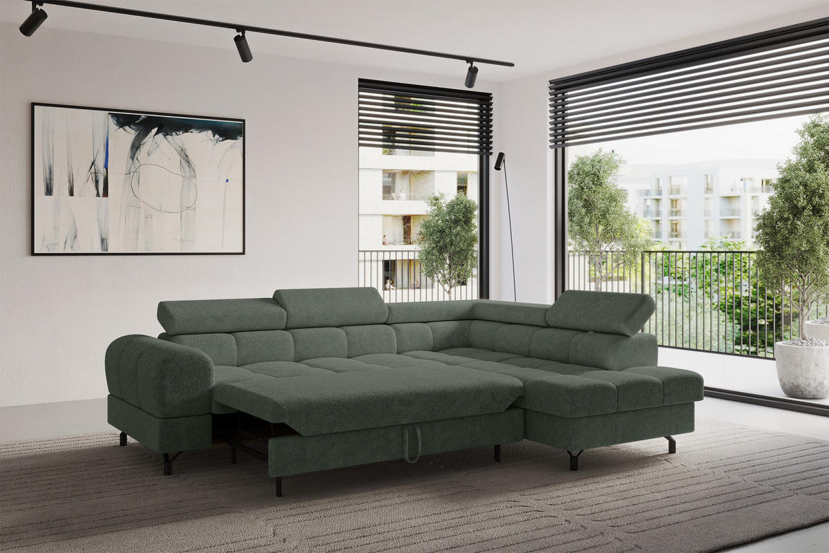 ECKSOFA mit Schlaffunktion Ottomane Rechts LUMA-L 272x203x70 Grün Velours - Schwarz/Grün, Holzwerkstoff/Kunststoff (203/272cm) - ALTDECOR