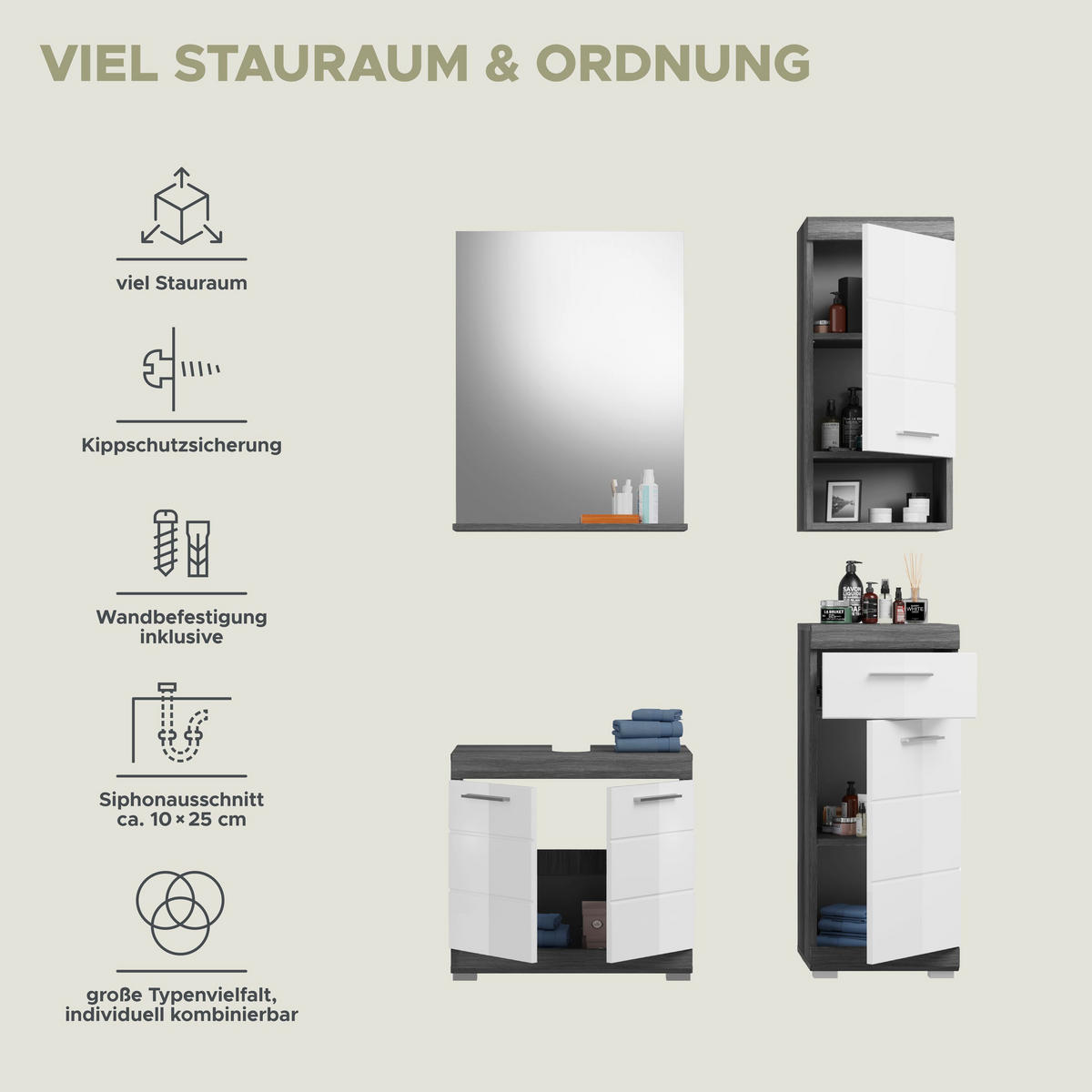 BADKOMBINATION 4tlg. Scout Bad in Rauchsilber Nachbildung und weiß hochglanz B/H/T: 112x191x34 cm - Anthrazit, Holz (112/191/34cm)