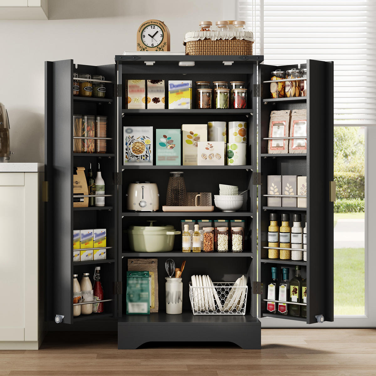 BUFFET MDF gerillte Fronten LED Sensorlicht Stauraum goldene Griffe 120/60.5/40 cm - Schwarz, Holzwerkstoff (60.5/120/40cm) - EVRYAE