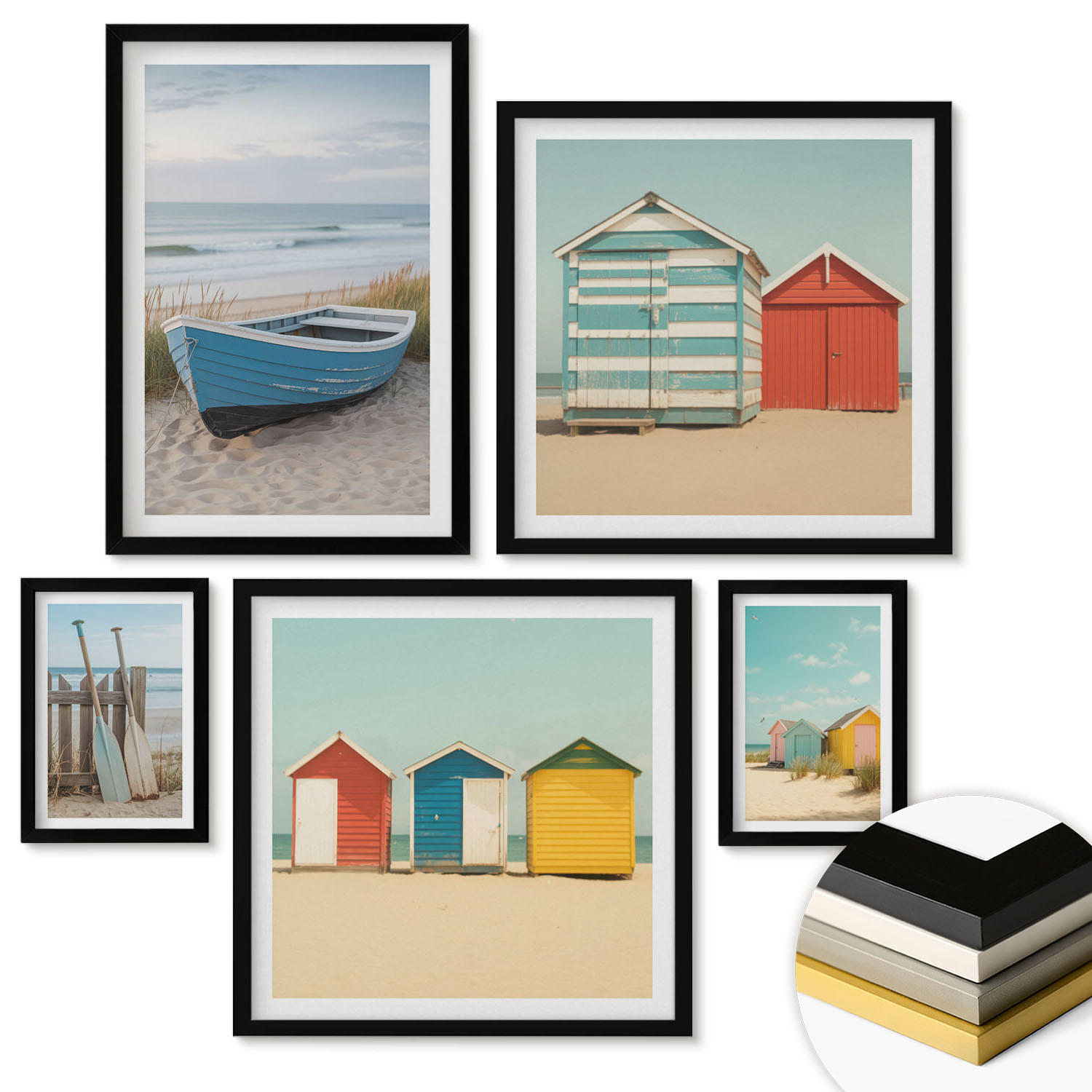 WANDBILDER 5er-Set - 50x50 cm & 20x30 cm & 40x60 cm Schwarzer Rahmen - Farbenfrohe Berge und Küstenstädte - Schwarz, Kunststoff (40/60cm) - ArtPrintCave
