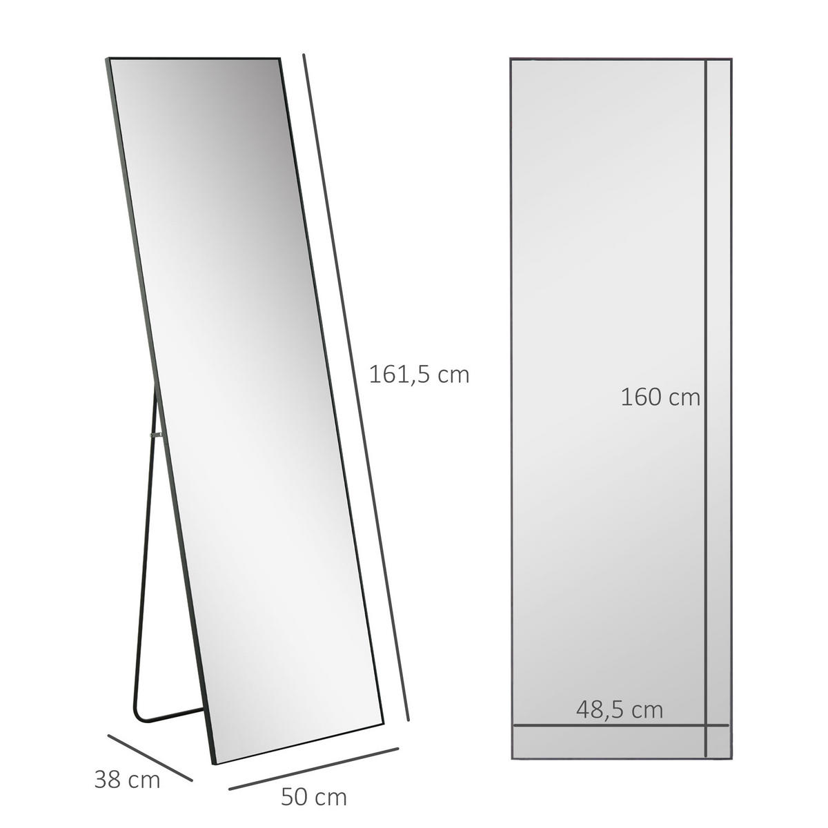 STANDSPIEGEL, freistehender Ganzkörperspiegel, Ankleidespiegel für Flur, Alu - Schwarz, Glas (2/161.5/50cm) - HOMCOM