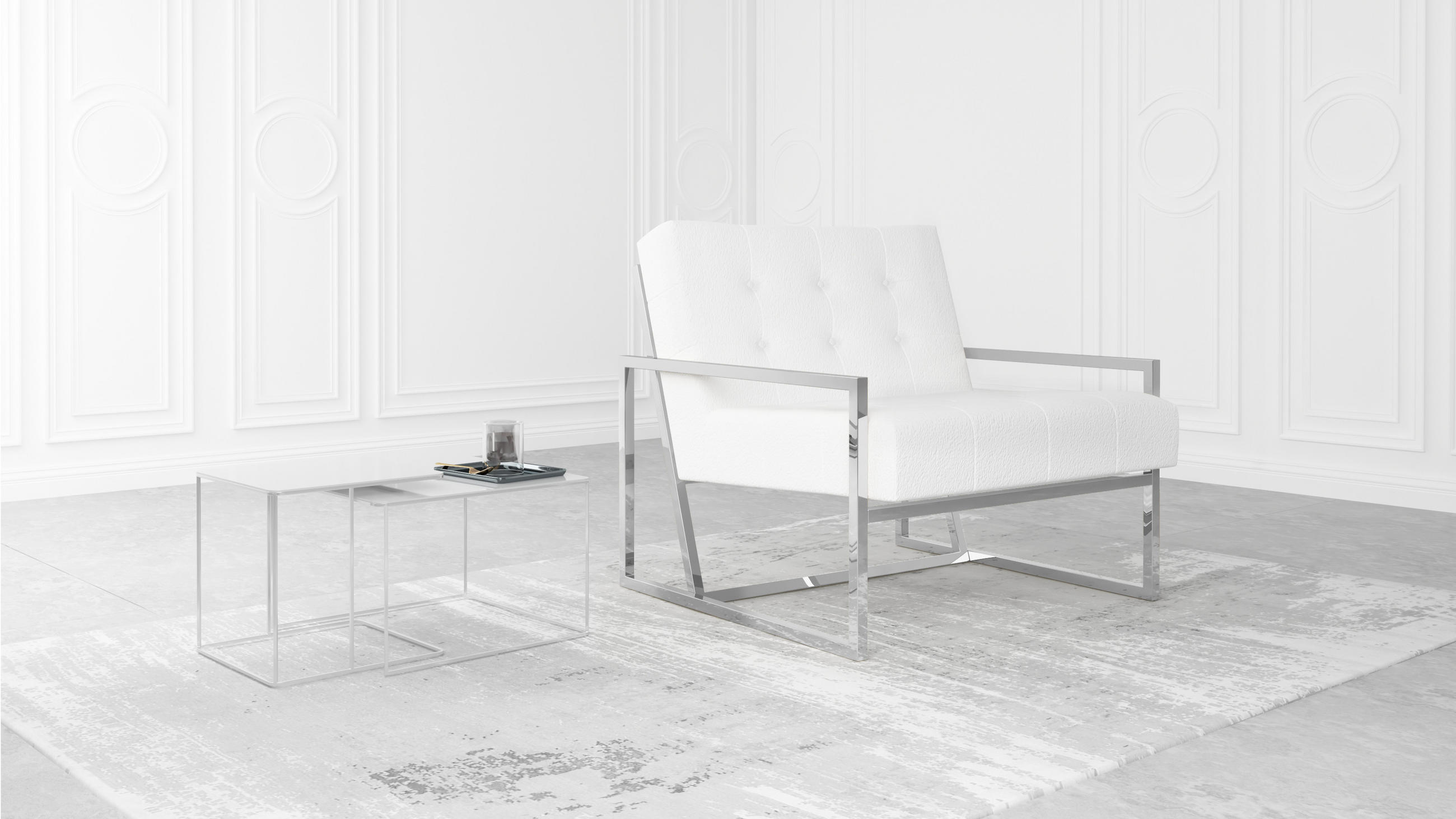 LOUNGESESSEL Duban Weiß Bouclé-Stoff - Silberfarben/Weiß, Holz/Textil (84/81/89cm) - S-Style Möbel
