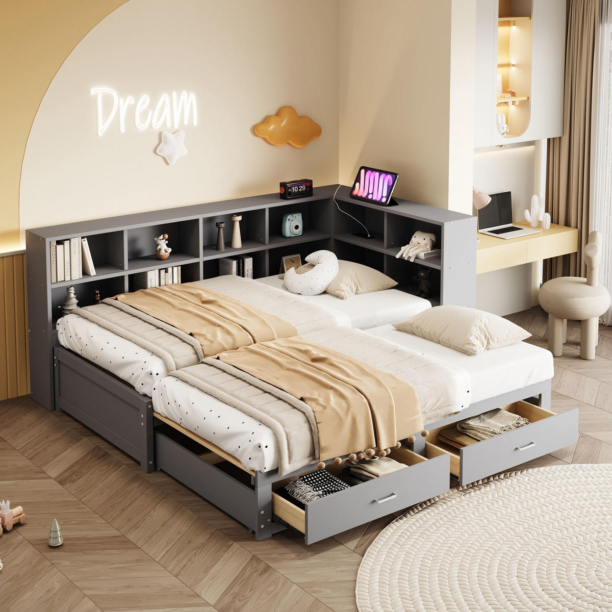 JUGENDBETT 90/180x190cm mit Ausziehbett，Grau - Grau, Holz (90/190cm) - KOMHTOM
