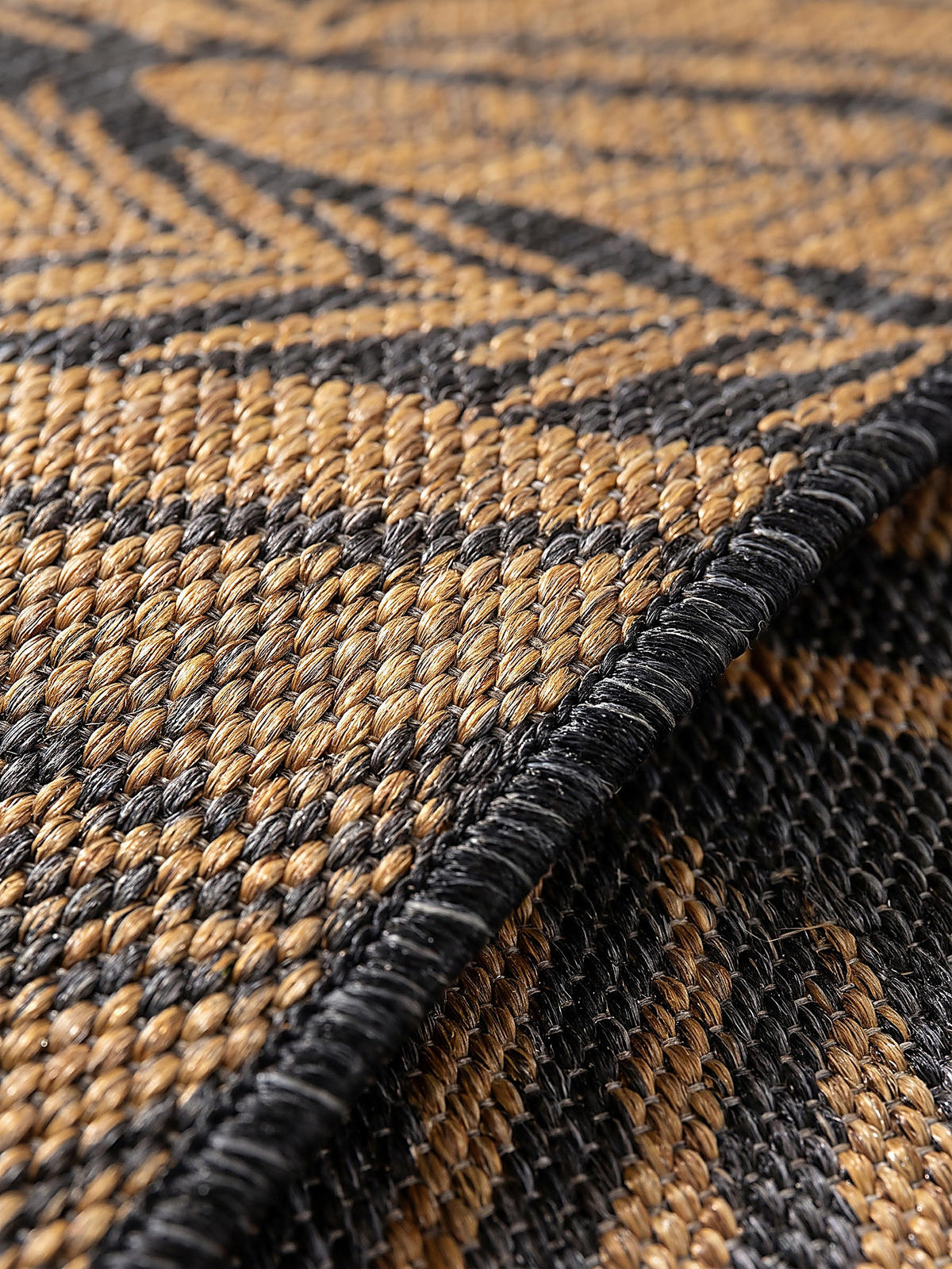 LÄUFER Outdoor, Fußbodenheizung-geeignet, mit Blattmotiv, VIGOLENO in Schwarz-Beige, 80 x 150 cm - Schwarz, Textil (80/150cm) - KADIMA DESIGN