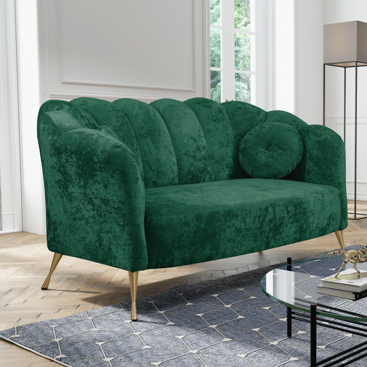 SOFA Adria 2-Sitzer 155x78x83 mit Metallfüßen - Dunkelgrün/Goldfarben, Holz/Textil (155/78/83cm) - Ravio