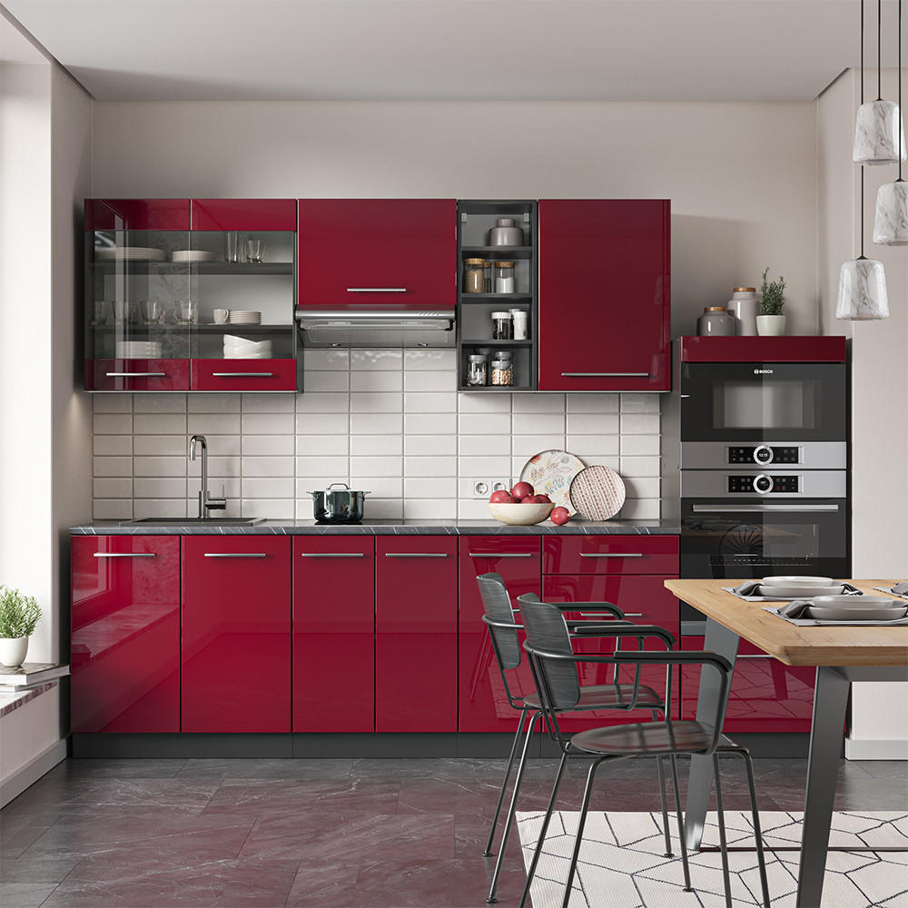 KÜCHENZEILE Fame-Line Bordeaux Hochglanz/Anthrazit 280 cm ohne AP - Bordeaux/Anthrazit, Holzwerkstoff (280/81.6/46cm) - Vicco