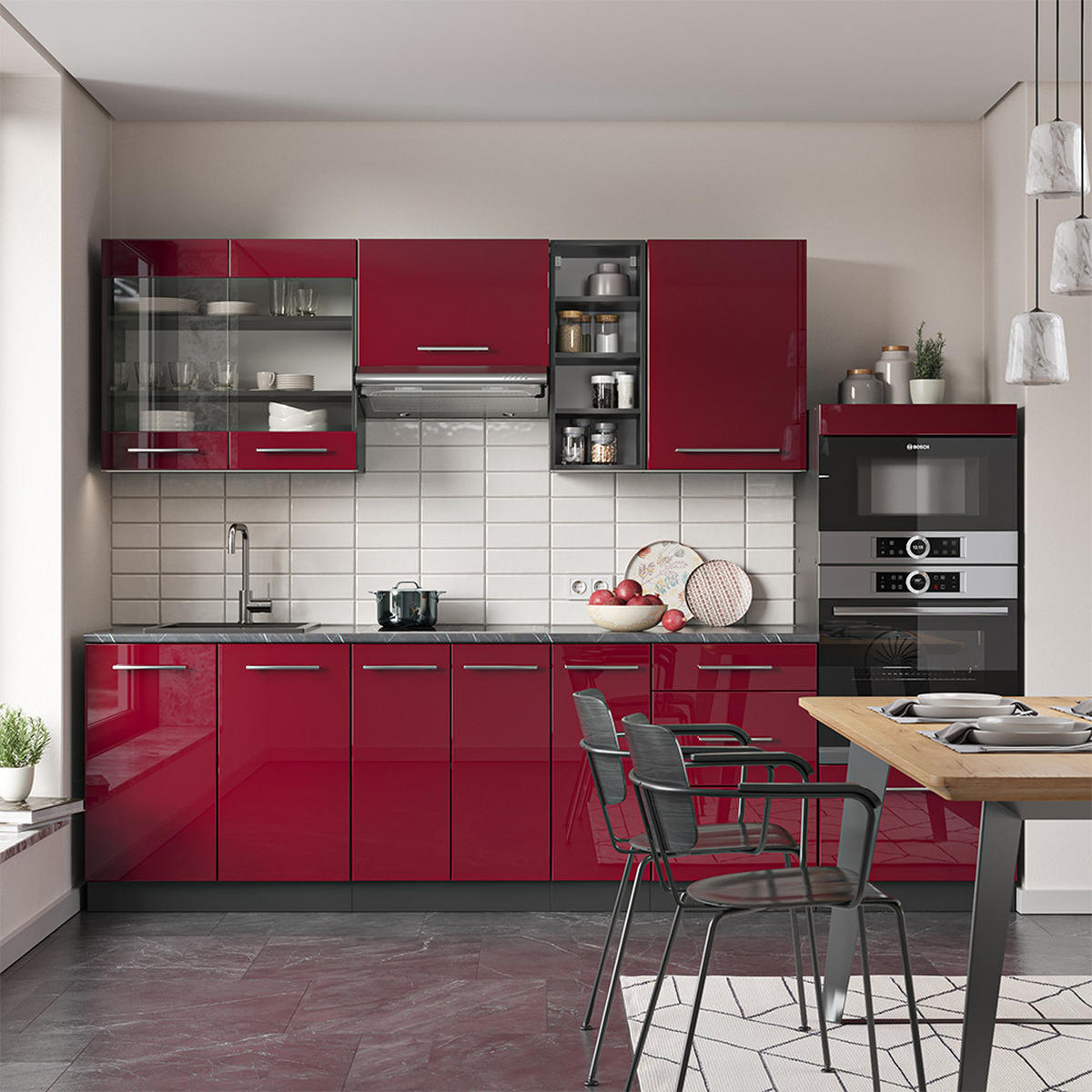 KÜCHENZEILE Fame-Line Bordeaux Hochglanz/Anthrazit 280 cm ohne AP - Bordeaux/Anthrazit, Holzwerkstoff (280/81.6/46cm) - Vicco