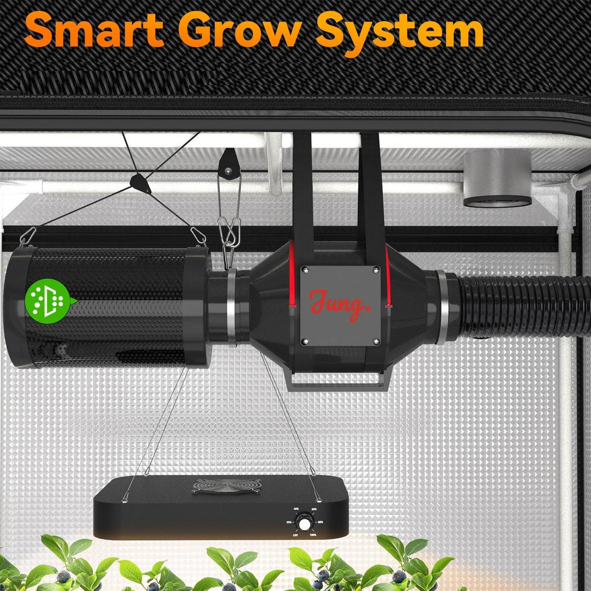 GEWÄCHSHAUS Growbox Komplettset 2, 100x100x200 cm, 200W LED, Indoor, Pflanzenzelt, Growzelt, Hydroponik, Belüftung, Lichtdicht, Zuchtset - Schwarz, Textil/Metall (100/200/100cm) - JUNG