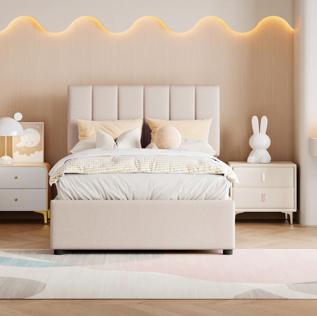 POLSTERBETT 90/200 cm beige aus Leinen mit hydraulischem Stauraum - Beige, Holzwerkstoff (90/200cm) - OKWISH