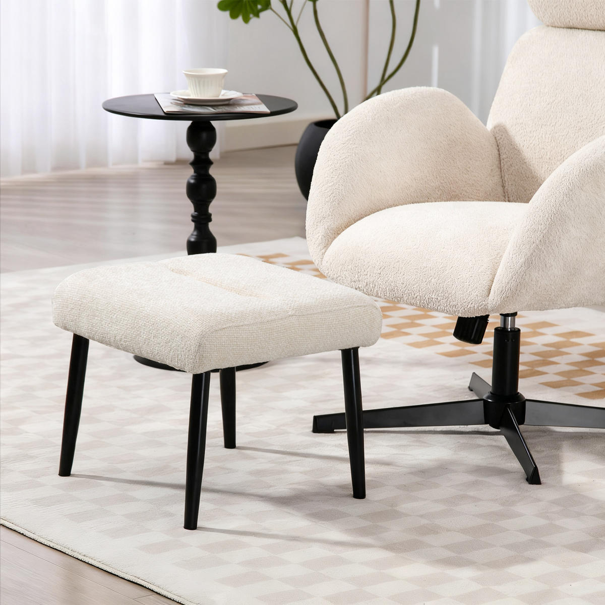 SITZHOCKER mit Stahlbeinen Fußhocker Chenille-Stoff - Creme/Schwarz, Textil/Metall (41/38/45cm) - HOMCOM