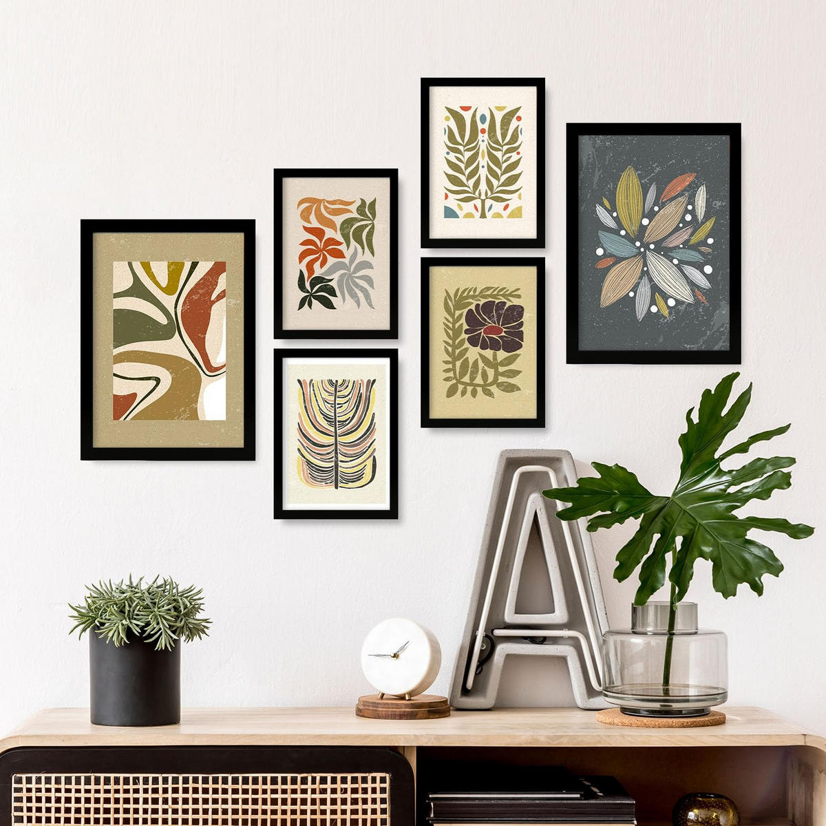POSTER Set Mit 6 Drucken Von Pflanzen Im Ethnischen Drucker Sammlung Dekorative Rahmen Für Ihr Zuhause Wandkunstdruck A3 & A4 Schwarzer Rahmen - Schwarz, Papier (29/3cm) - Nacnic