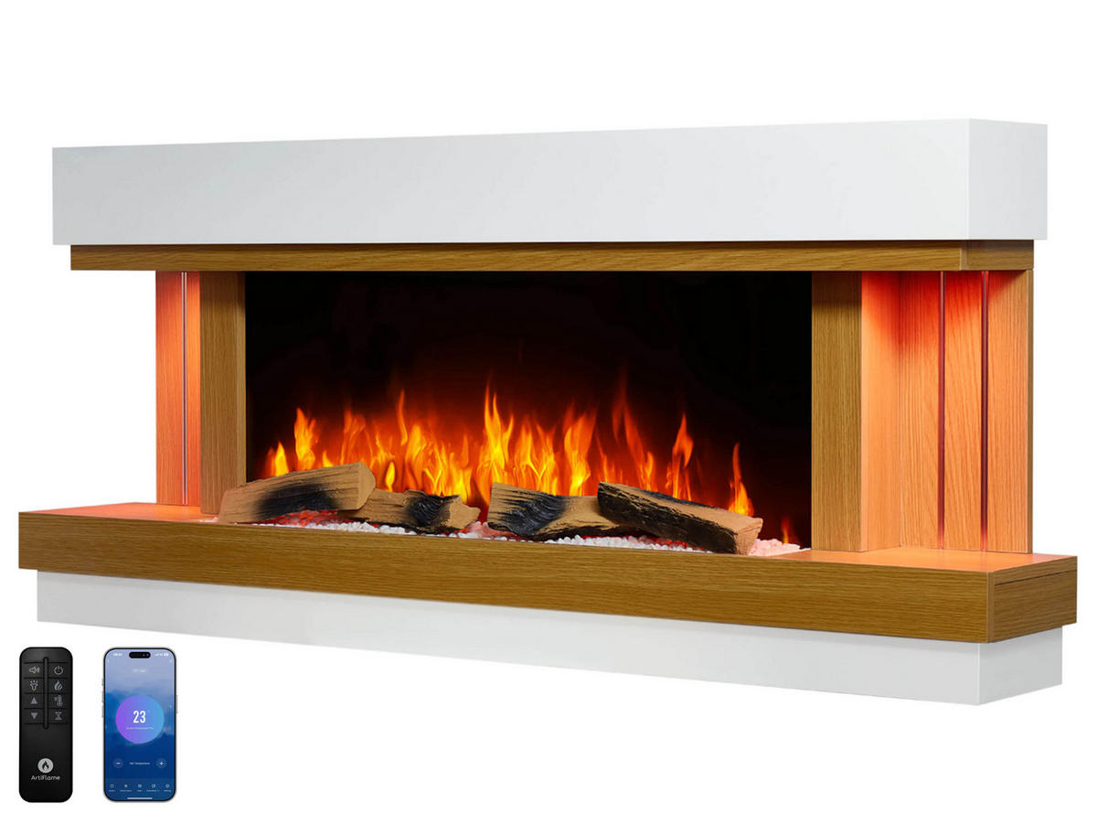 ELEKTROKAMIN Sogne AF52 – 3D-Flammeneffekt, Heizfunktion, WLAN - Weiß, Glas/Holzwerkstoff (132/58/21cm) - ArtiFlame