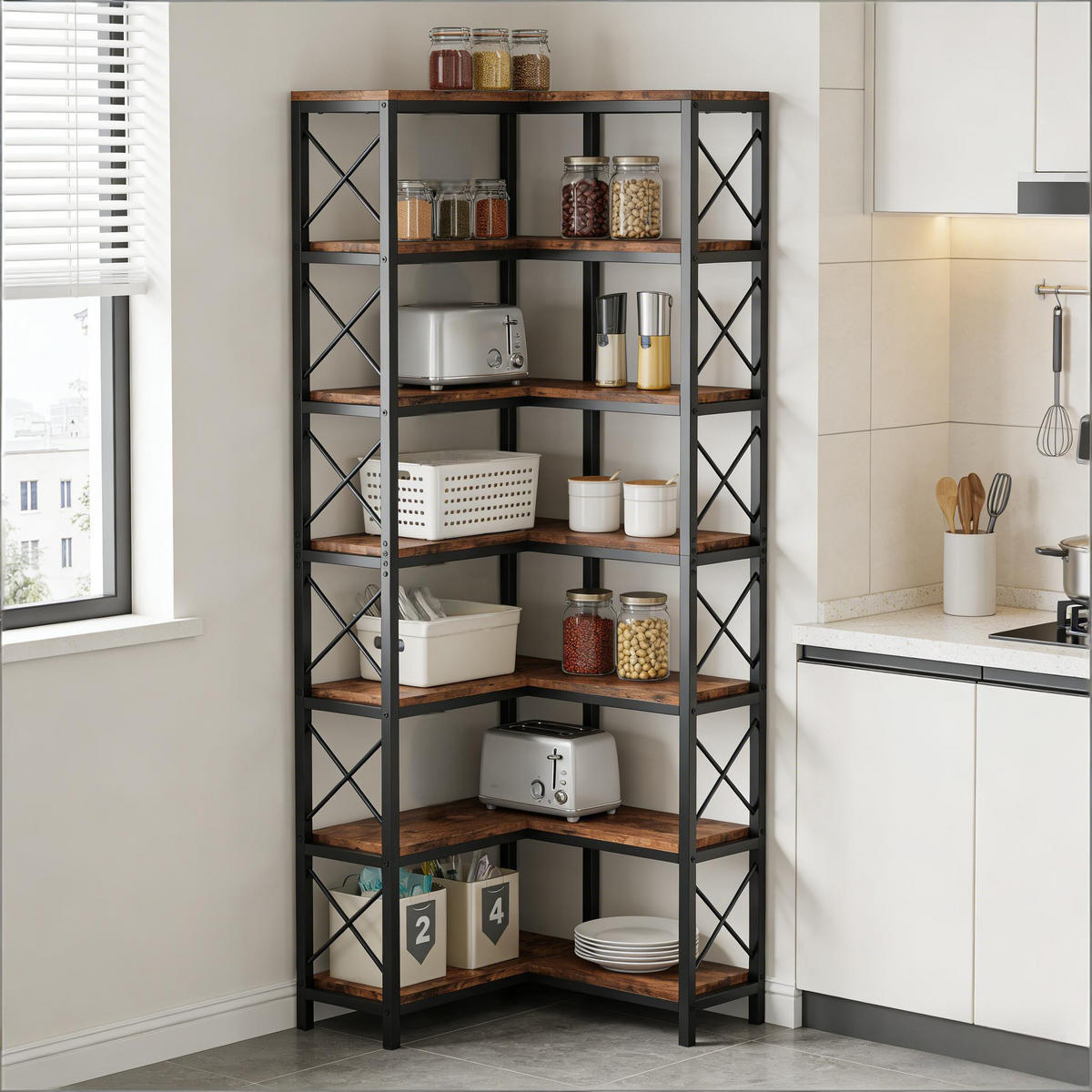 BÜCHERREGAL Schwarz/Rustikalbraun Eckregal mit 14 Fächern 61/60,5/202 cm - Schwarz, Metall (61/202/60.5cm) - PANGIVO