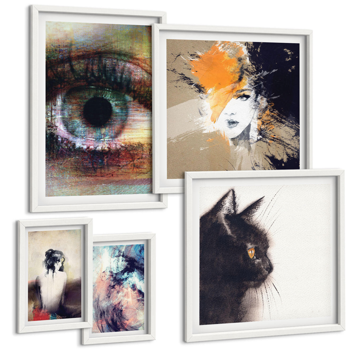 BILDER SET 5er Set - 50x50 cm & 20x30 cm & 40x60 cm Weißer Rahmen - Gelbgrau-braune Wellen - Weiß, Kunststoff (40/60cm) - TULUP