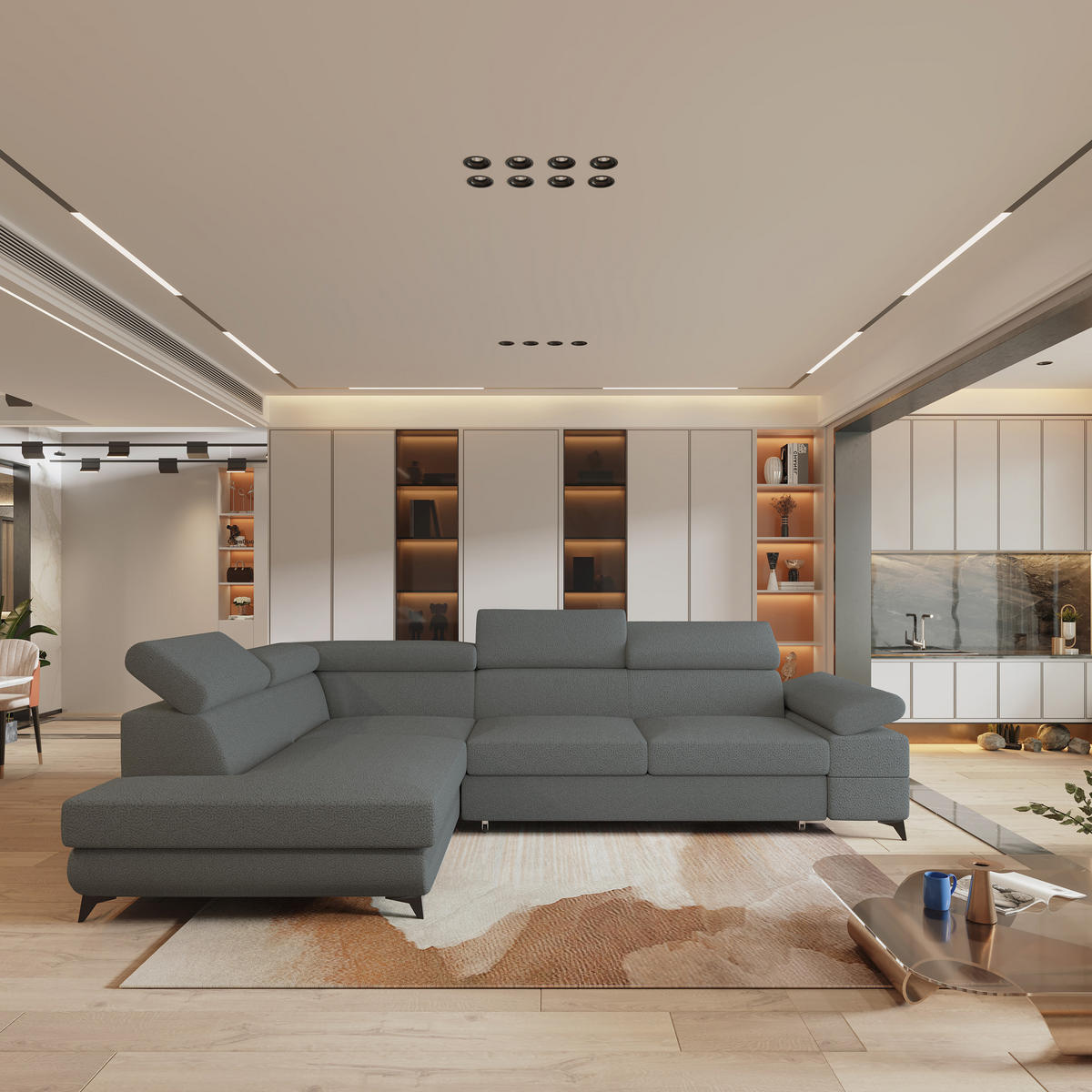 ECKSOFA FAVIEN L-S Grau Boucle-Stoff mit Schlaffunktion - Grau, Holz (257/190cm) - MASSENO