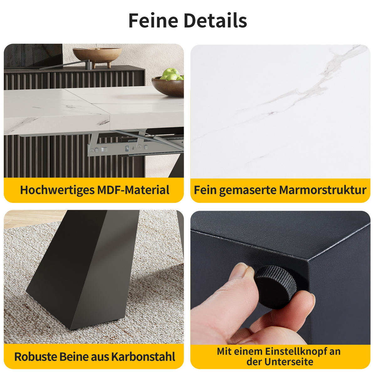 AUSZIEHBARER Esstisch, MDF in Marmoroptik mit Metallgestell, 99-159/74/77 cm, Weiß - Weiß, Holzwerkstoff (159/74/77cm) - Redom