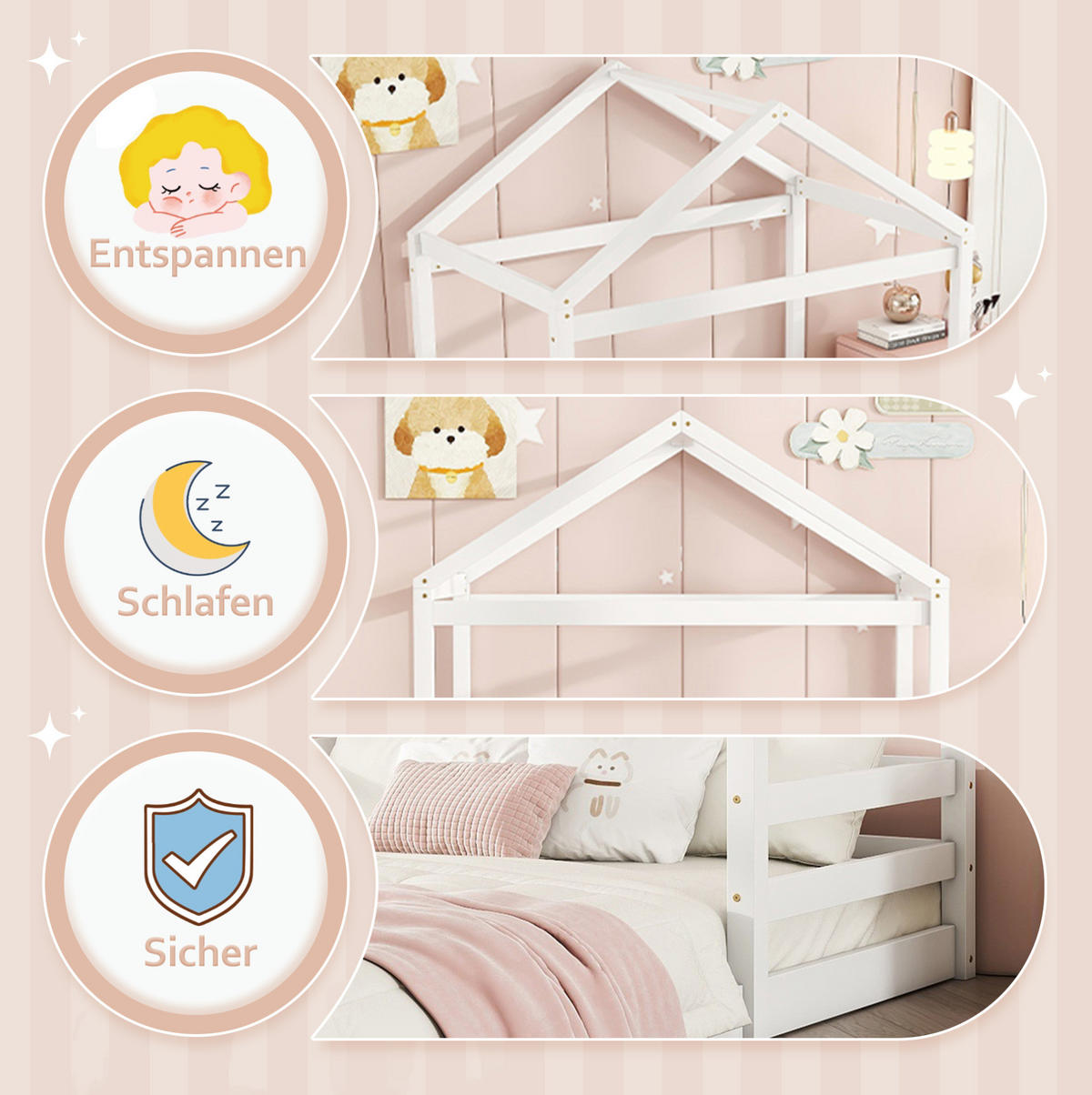 HAUSBETT 140/200 cm, Weiß mit Lattenrost ohne Matratze - Weiß, Holz (140/200cm) - MIVRAY