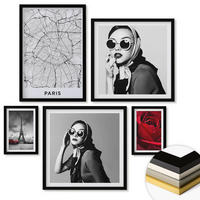 WANDBILDER 5er-Set - 50x50 cm & 20x30 cm & 40x60 cm Schwarzer Rahmen - Pariserin mit Eiffelturmbrille - Schwarz, Kunststoff (40/60cm) - ArtPrintCave
