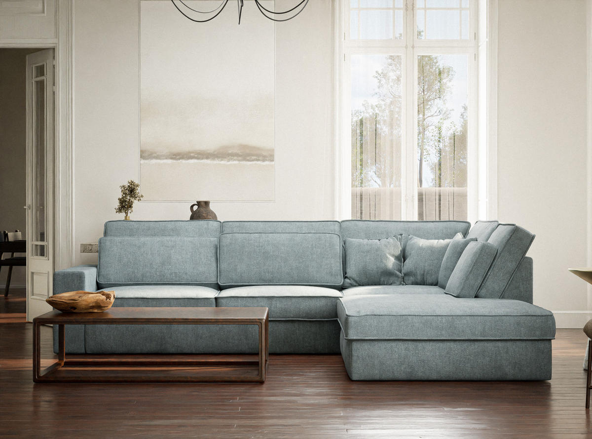 ECKSOFA Kirou Hellblau Chenille-Stoff - Rechts Seite - Schwarz/Hellblau, Holz/Holzwerkstoff (311/225cm) - Maison de Reve