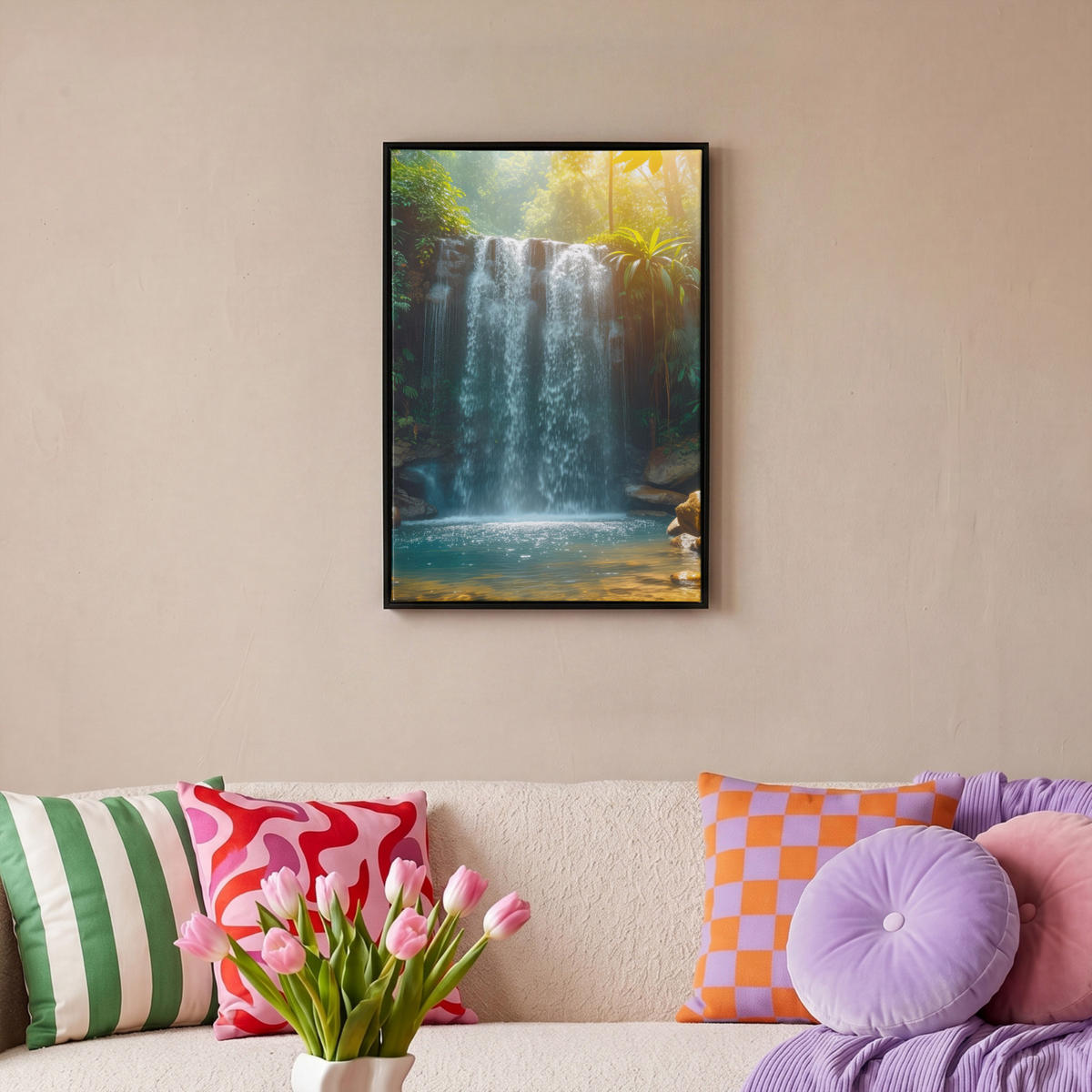 LEINWAND Bilder mit Rahmen - Wasserfall - Dschungel - Sonne - Grün - Natur - 40x60 - Grün, Textil (40/60cm) - MuchoWow
