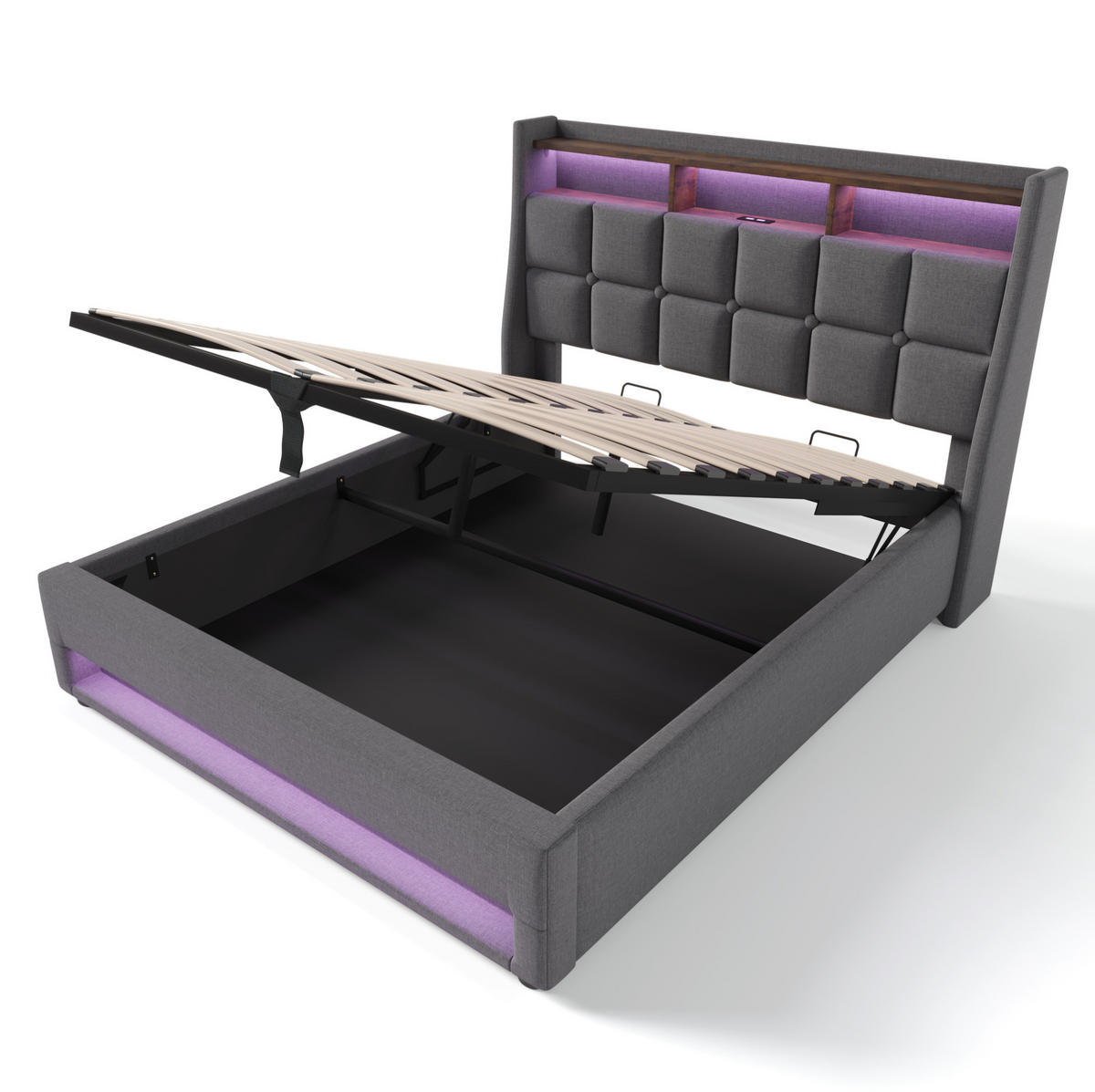 POLSTERBETT 140/200 cm Grau aus Leinen mit LED und USB - Grau, Textil (140/200cm) - OKMYHOME