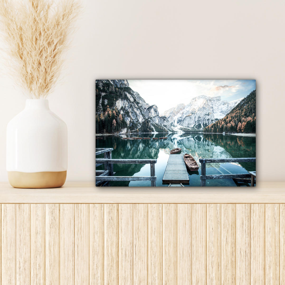 LEINWANDBILD Natur - Berge - Schnee - Wald - Boot Deko Schlafzimmer 30x20 cm - Hellgrün, Textil (30/20cm) - MuchoWow