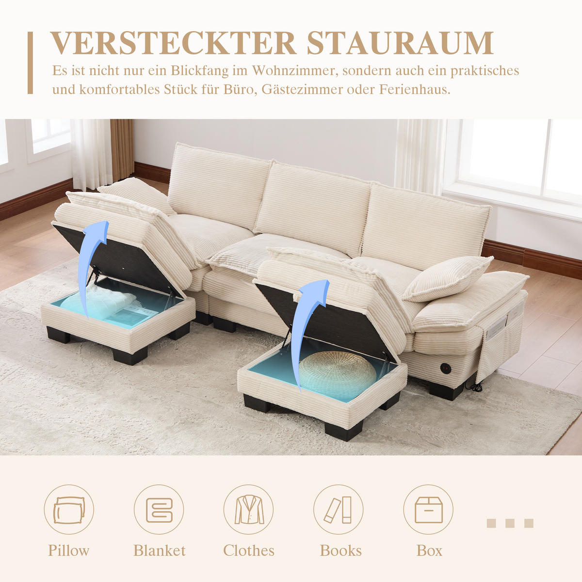 WOHNLANDSCHAFT Cord Beige mit USB-C, Seitentaschen und mit 2 Hocker - Beige, Holzwerkstoff/Kunststoff (260/84/132cm) - WISHDOR