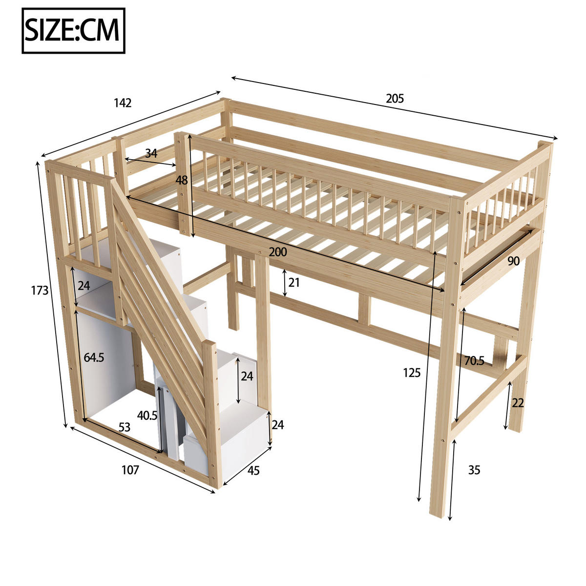 HOCHBETT 90/200 cm in Natur mit Aufbewahrungstreppe und Stauraum - Eichefarben/Weiß, Holz/Holzwerkstoff (90/200cm) - WISHDOR