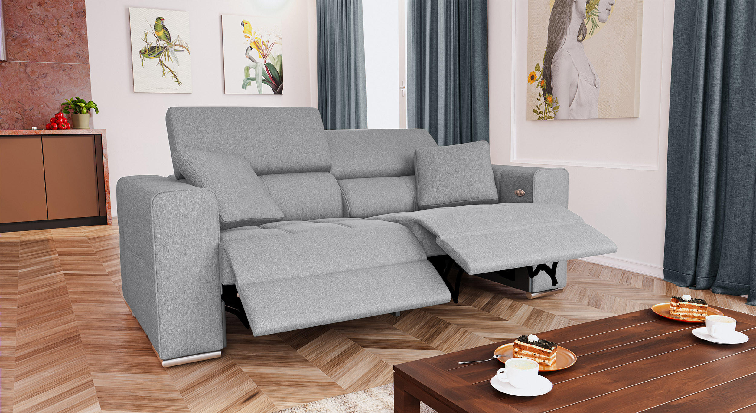 SOFA QUARTZ 3-Sitzer mit 2 Relaxfunktionen, hellgrau - Silberfarben/Hellgrau, Holzwerkstoff/Textil (204/80/102cm) - Courtois Laville