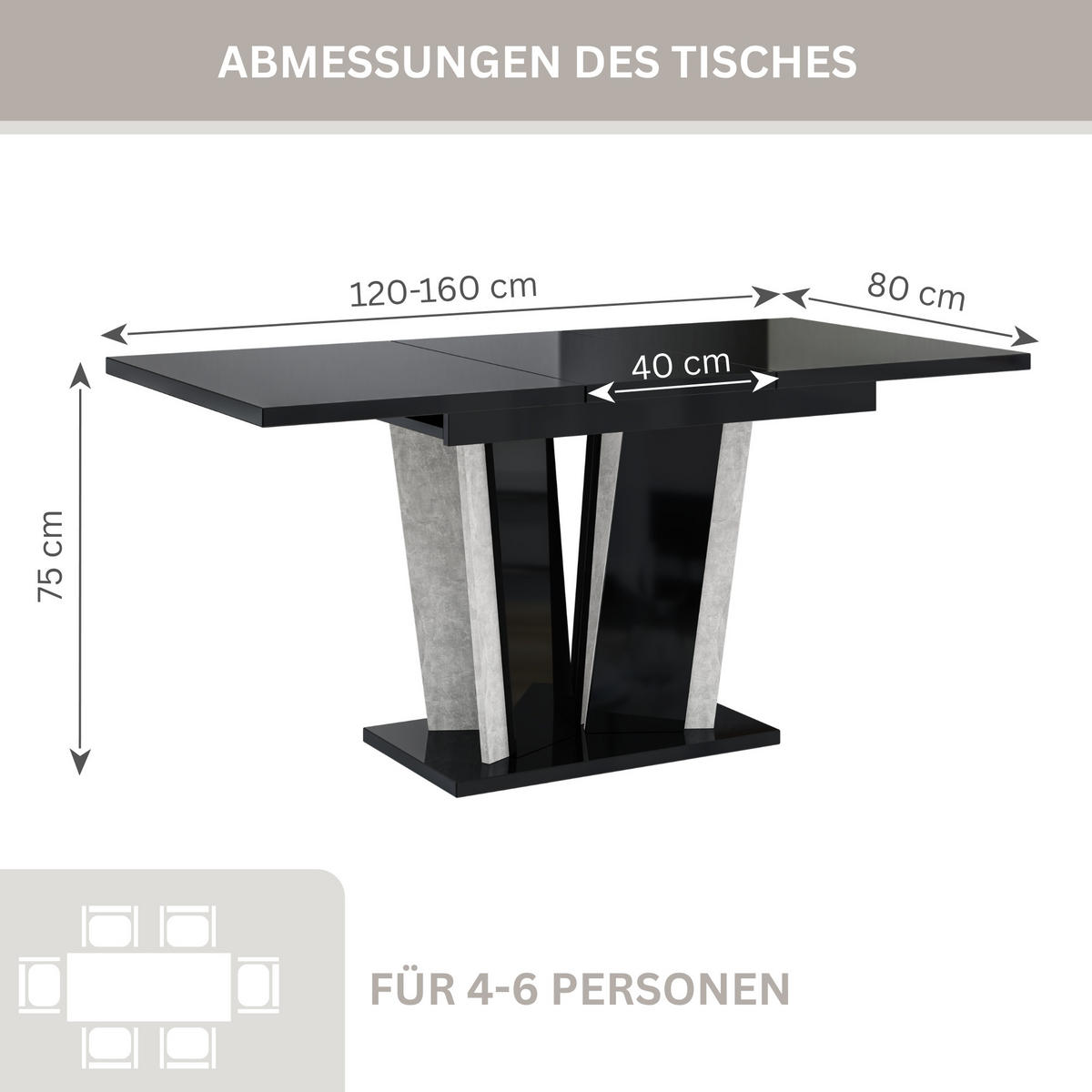 ESSTISCH Ausziehbar 120-160 cm Schwarz glänzend - Schwarz Hochglanz, Holzwerkstoff (160/80/75cm) - Home Collective