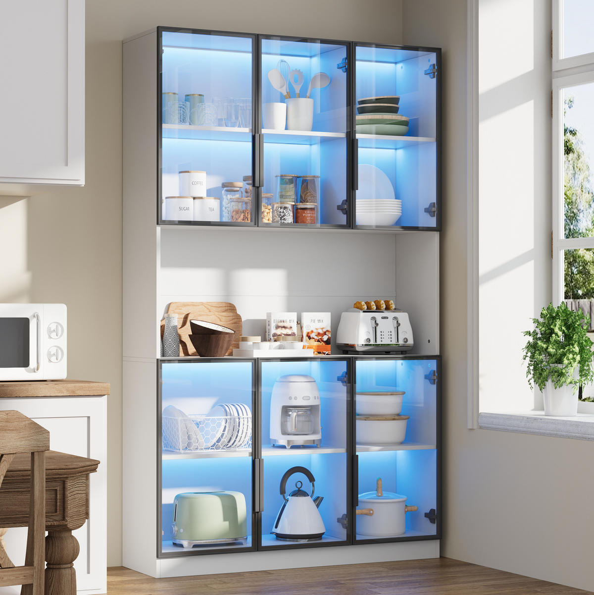 VITRINE 120/34/200 cm weiß aus MDF und Glas mit LED und 6 Türen - Weiß, Holzwerkstoff (120/200/34cm) - OKWISH