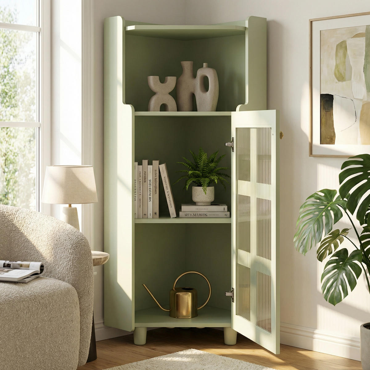 ECKSCHRANK in Grün lackiert mit App-gesteuerter LED & Glasvitrine - Mintgrün, Holzwerkstoff (63/124/45cm) - Urban Meuble