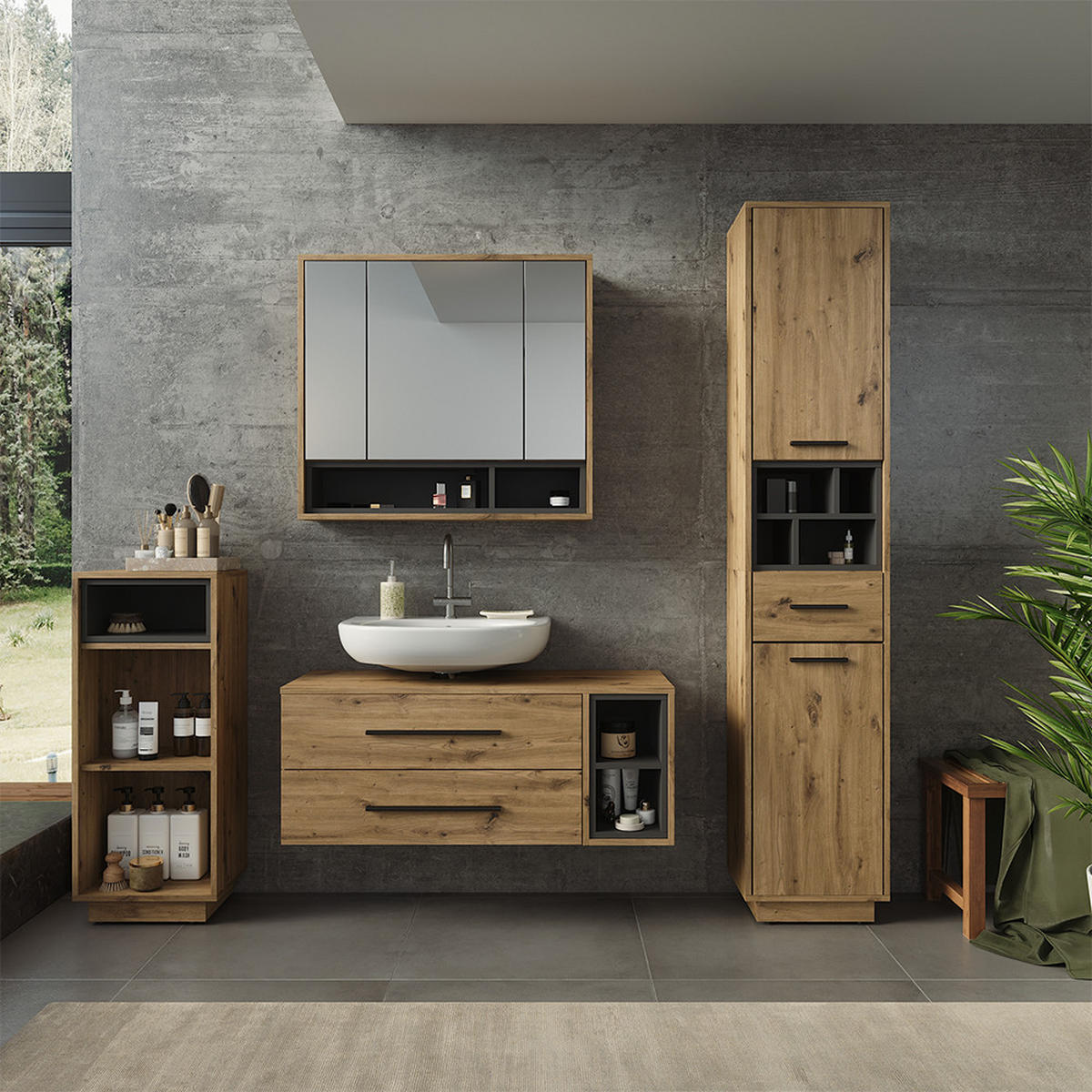 WASCHBECKENUNTERSCHRANK Beatrice, Artisan-Eiche/Anthrazit, 100 x 40 cm mit 2 Schubladen - Anthrazit/Eiche Artisan, Holzwerkstoff (100/40/40cm) - Vicco