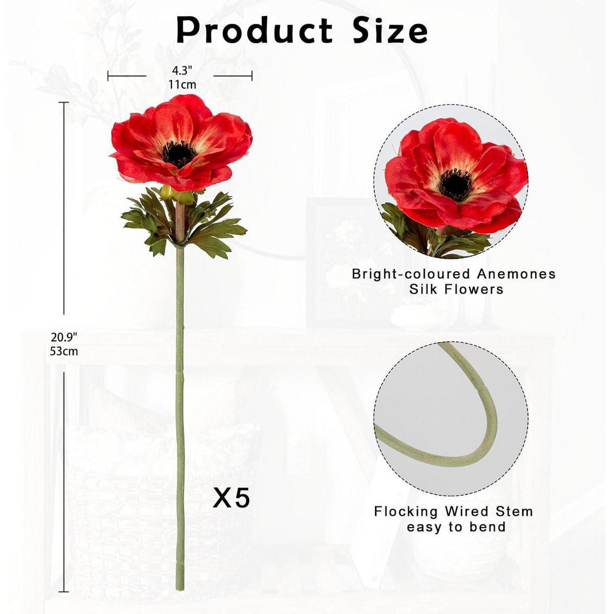KUNSTBLUMEN 5er Set Anemonen Rot 53 cm - Rot, Textil (53cm)