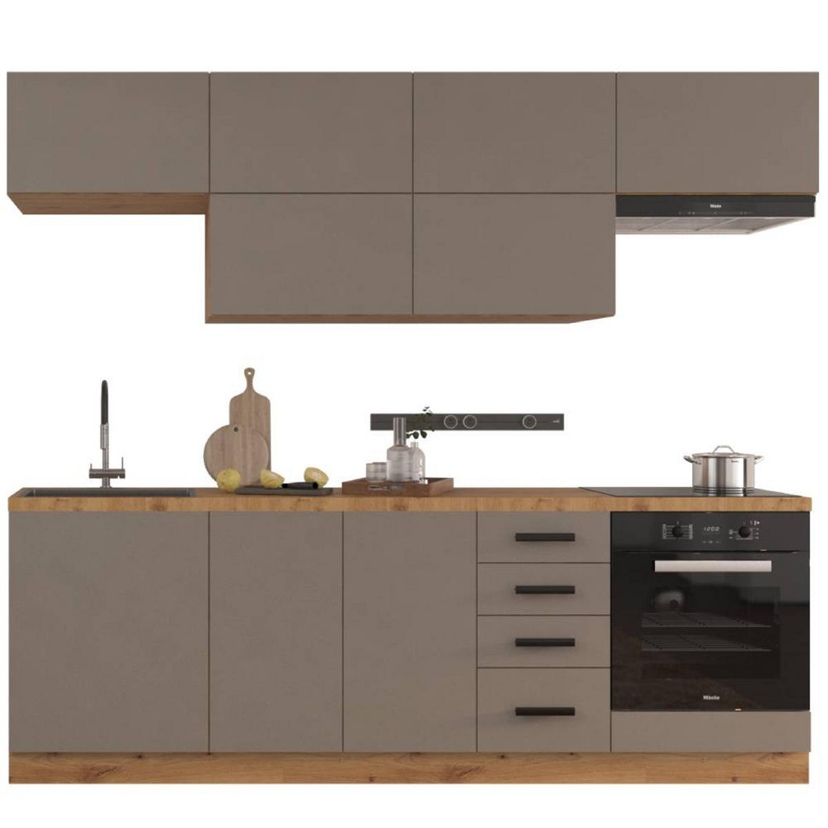 KÜCHENZEILE 240 cm - Langen KL2-M240 in Beige/Matt - Beige/Schwarz, Holz/Metall (240/212/58cm)