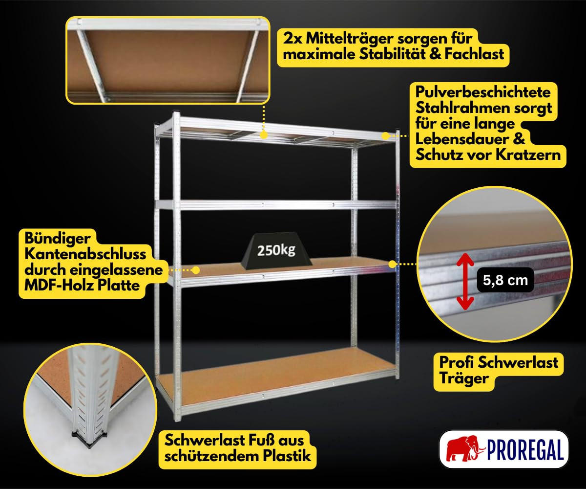 SCHWERLASTREGAL Taurus XL 180x160x60 cm Fachlast 250 kg Verzinkt - Silberfarben, Metall (160/180/60cm) - PROREGAL