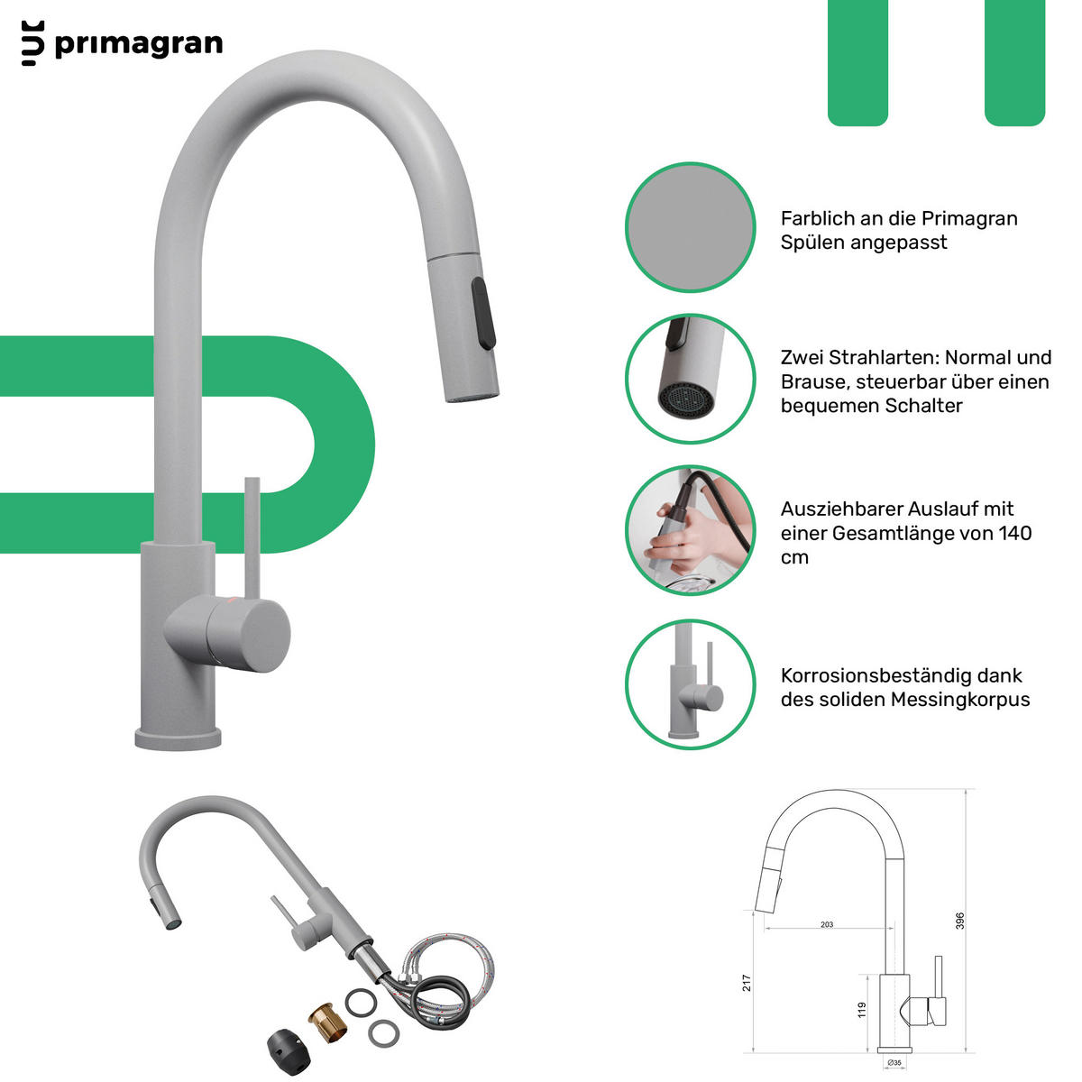 GRANITSPÜLE Kopenhagen, 2-er set Grau 78/50 cm 1 Becken + Küchenarmatur 40/20 cm + Ablauf-Set + Schneidebrett ab 45er Unterschrank - Chromfarben/Beige, Kunststoff (78/20/50cm) - Primagran