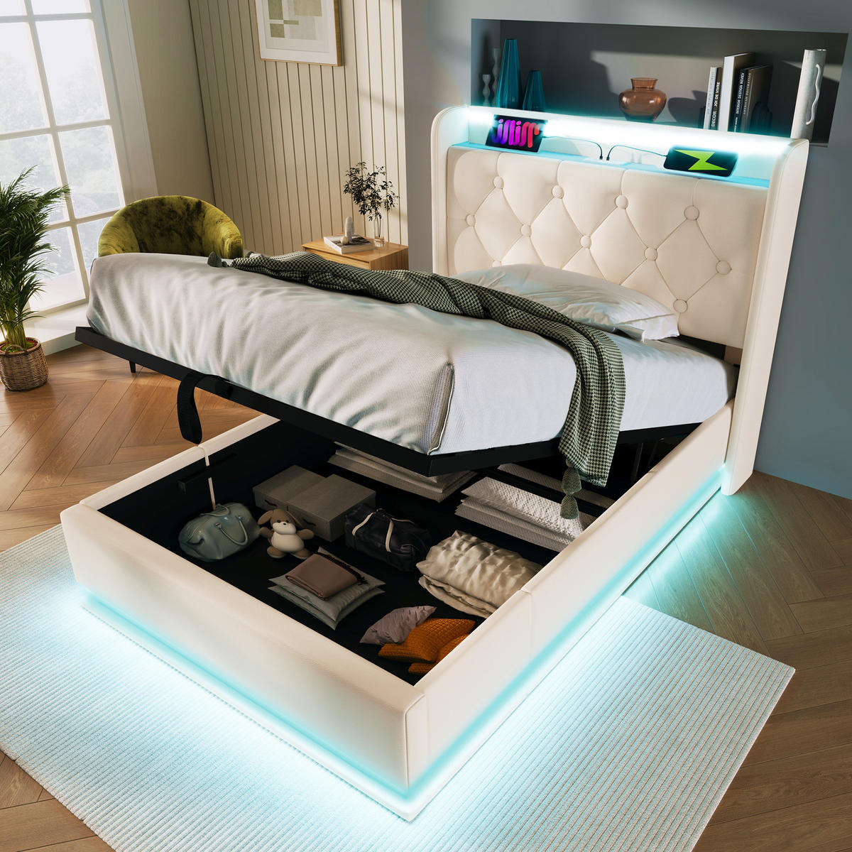 POLSTERBETT 90/200 cm Weiß aus PU mit Stauraum, LED-Beleuchtung und USB - Weiß, Kunststoff (90/200cm) - Flora Grace