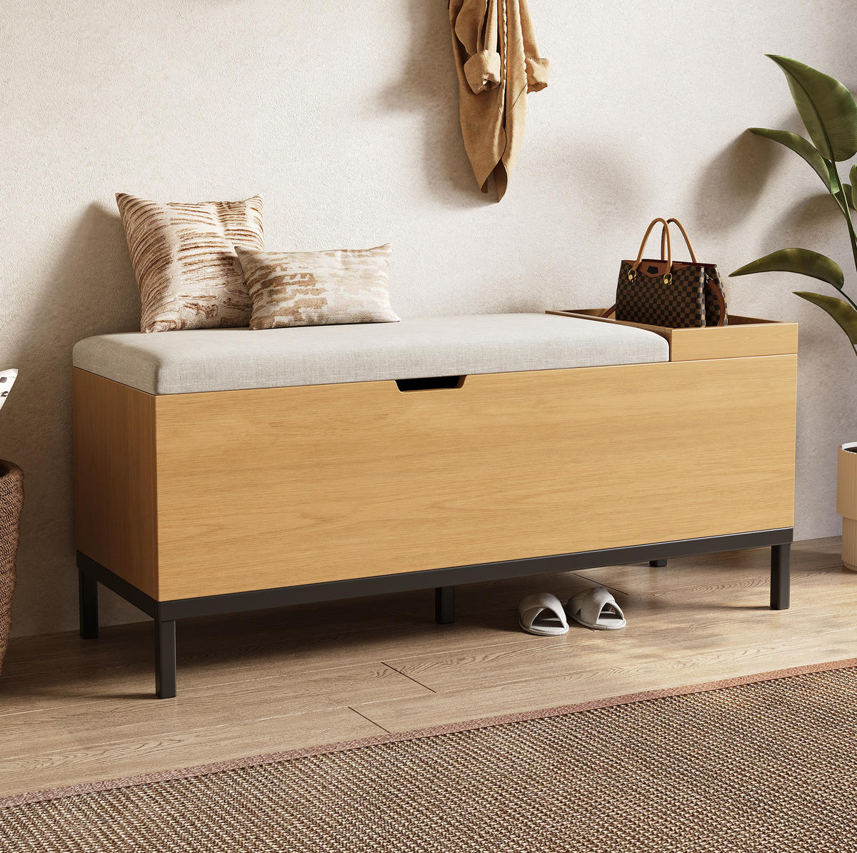 SCHUHBANK 115/40/49,5 cm mit Stauraum und Klappfunktion aus MDF mit hellgrauem Stoffbezug, Natural - Naturfarben, Holzwerkstoff (115/40/49.5cm) - Redom