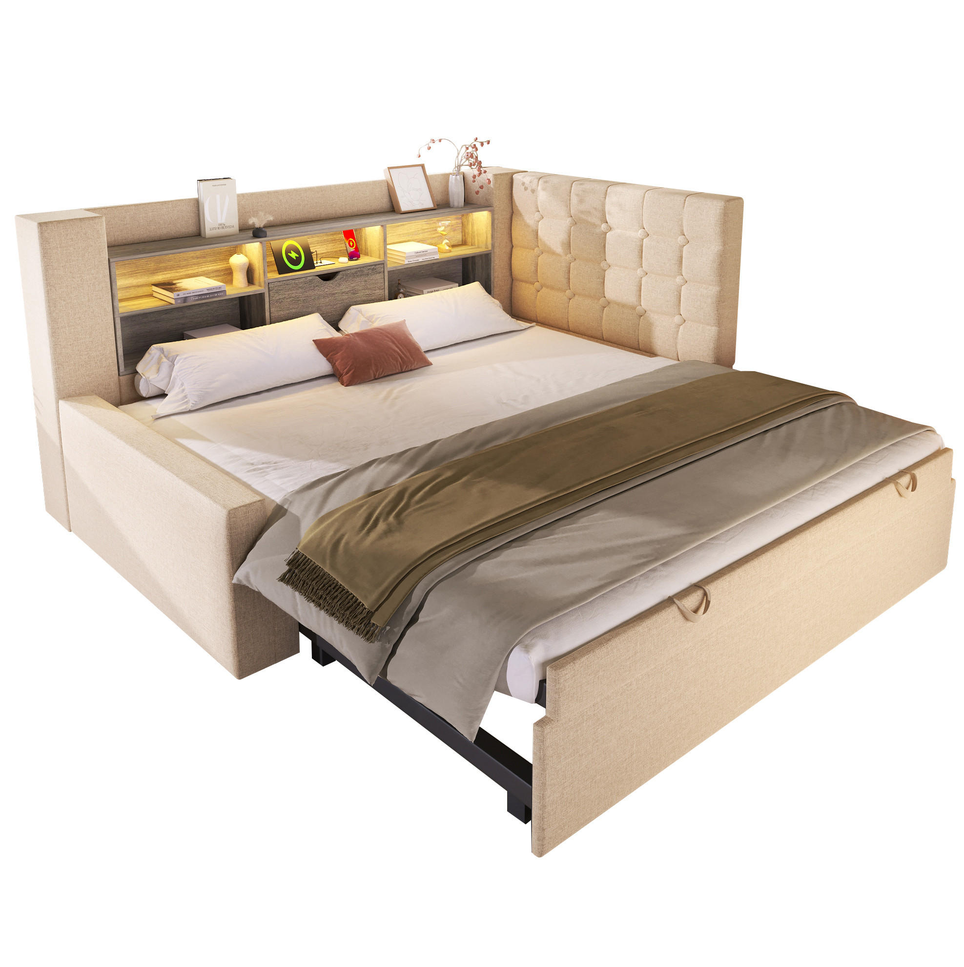 BETT mit Ausziehbett und Stauraum 90x200 cm Leinen Beige - Beige, Metall (90/200cm) - Meubliv