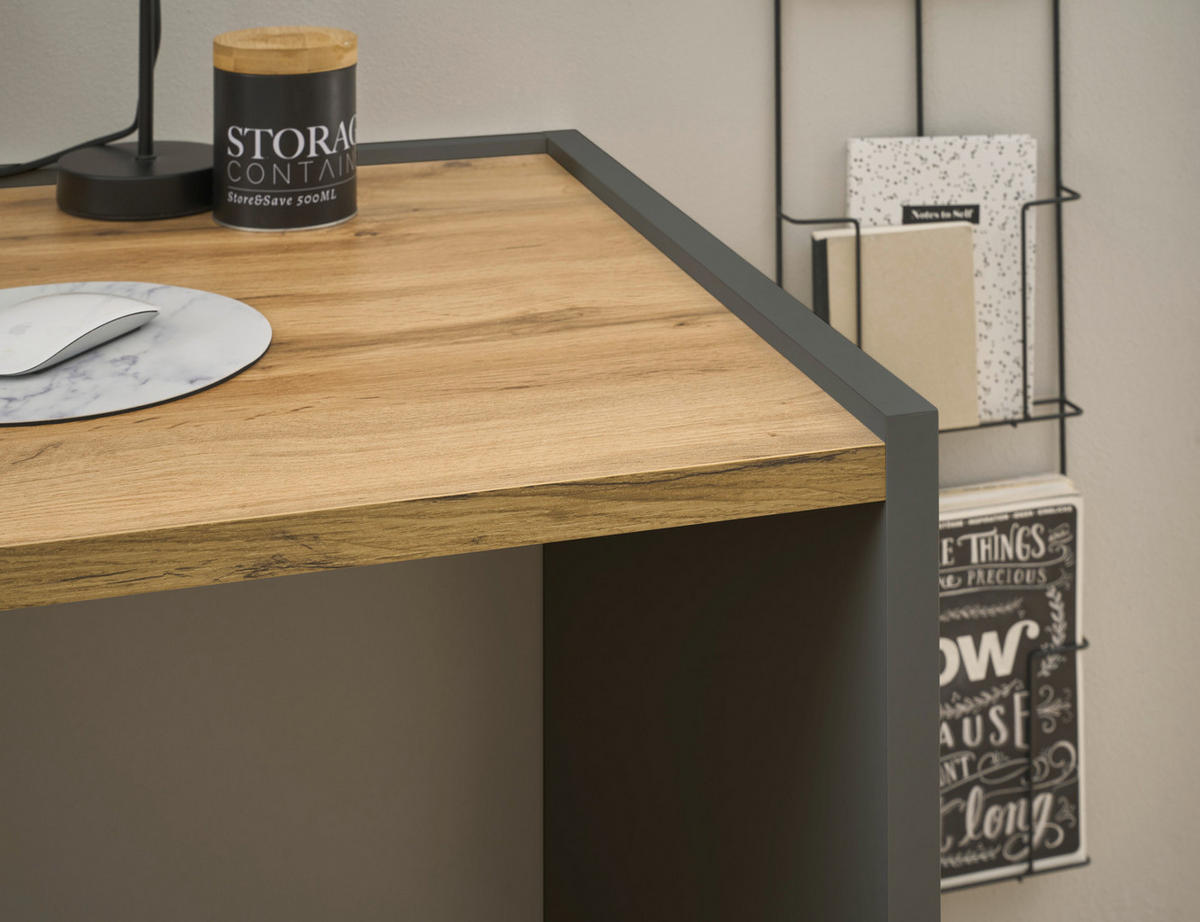 SCHREIBTISCHKOMBINATION 2-teilig grau matt, Eiche Wotan 143 cm, Büromöbel Set mit Wandregal - Eiche Wotan/Schwarz, Holzwerkstoff/Kunststoff (143/62/180cm) - Furn.Design