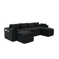 SOFA modular 4-Sitzer mit 2 Fußhockern 322 x 161 cm Cord Black - Schwarz, Kunststoff (161/75/256cm) - Meubliv