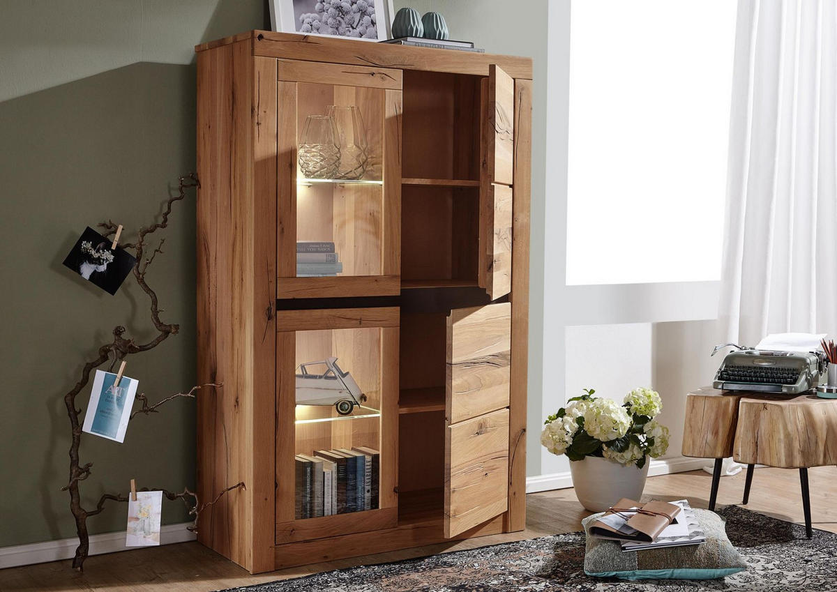 VITRINE Wild-/Zerreiche 95x42x150 natur geölt MONTREUX #102 - Braun, Holz (95/150/42cm) - Massivmoebel24