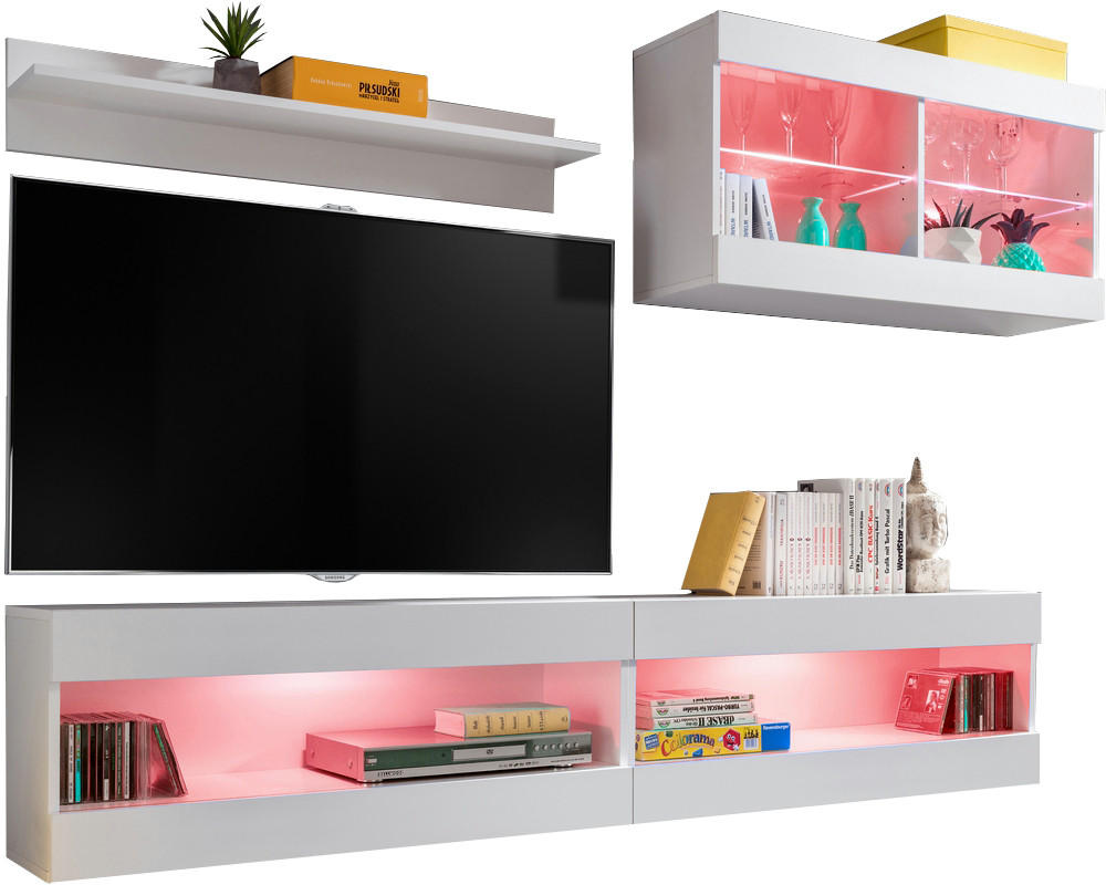 WOHNWAND 4-er Set, TIVOLI SET6 mit mehrfarbige LED RGB Beleuchtung Weiß + Weiß, Offener Raum - Eiche Wotan/Weiß, Glas/Holzwerkstoff (240/195/35cm) - Komodee