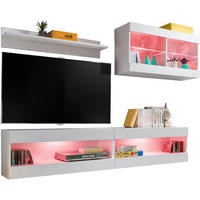 WOHNWAND 4-er Set, TIVOLI SET6 mit mehrfarbige LED RGB Beleuchtung Weiß + Weiß, Offener Raum - Eiche Wotan/Weiß, Glas/Holzwerkstoff (240/195/35cm) - Komodee