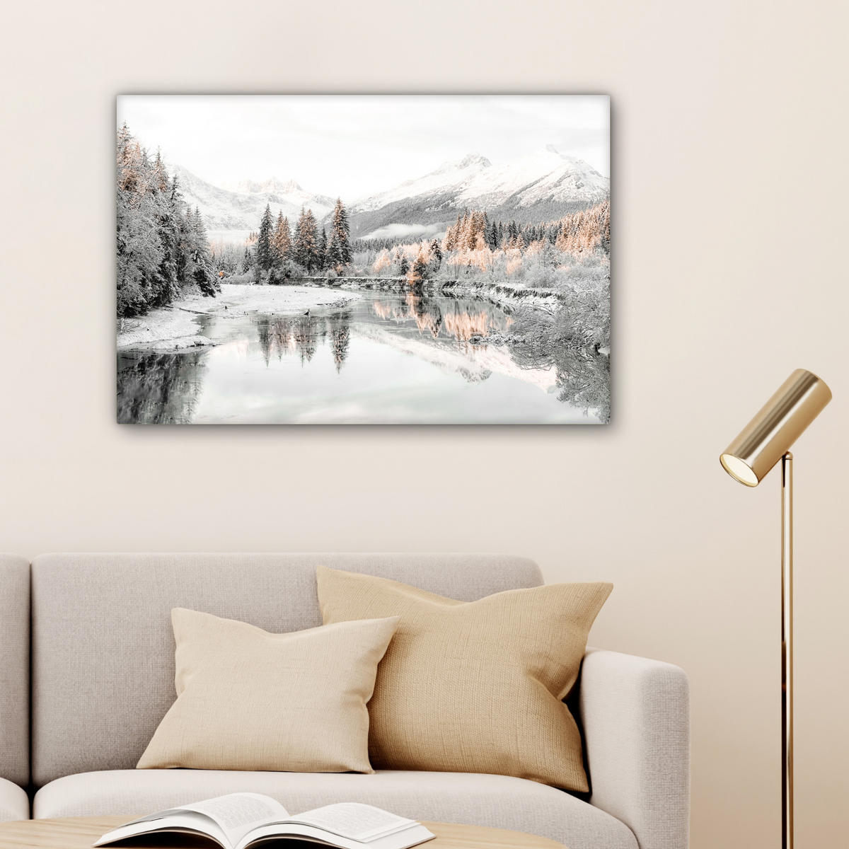 LEINWANDBILD Natur - Winter - Bäume - Berge - Schnee Wanddeko 90x60 cm - Weiß Hochglanz, Textil (90/60cm) - MuchoWow