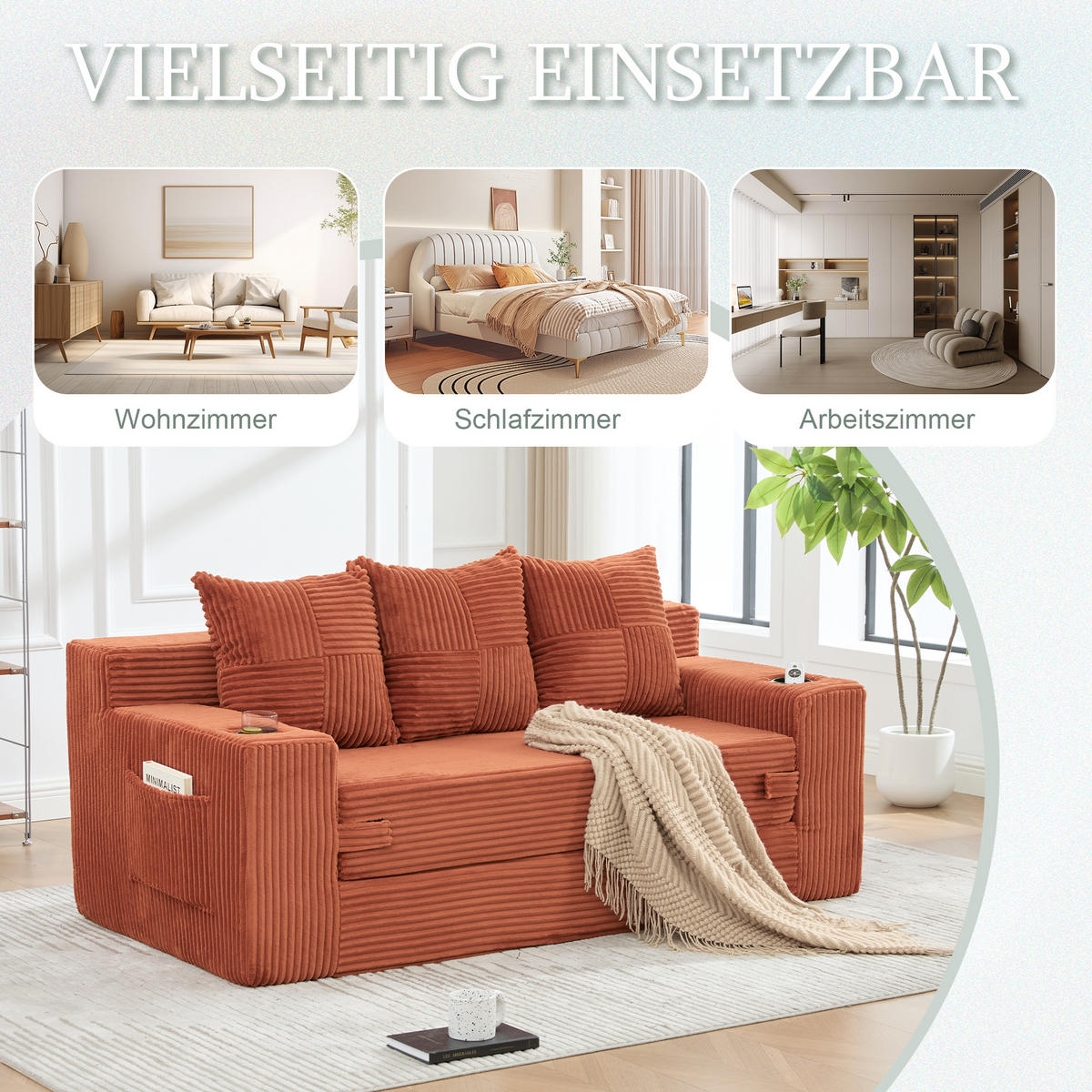2-SITZER Bodensofa ausklappbar, Getränkehalter/Seitentaschen, Cord, Orange - Orange, Textil (172/64/87cm) - LVHOM