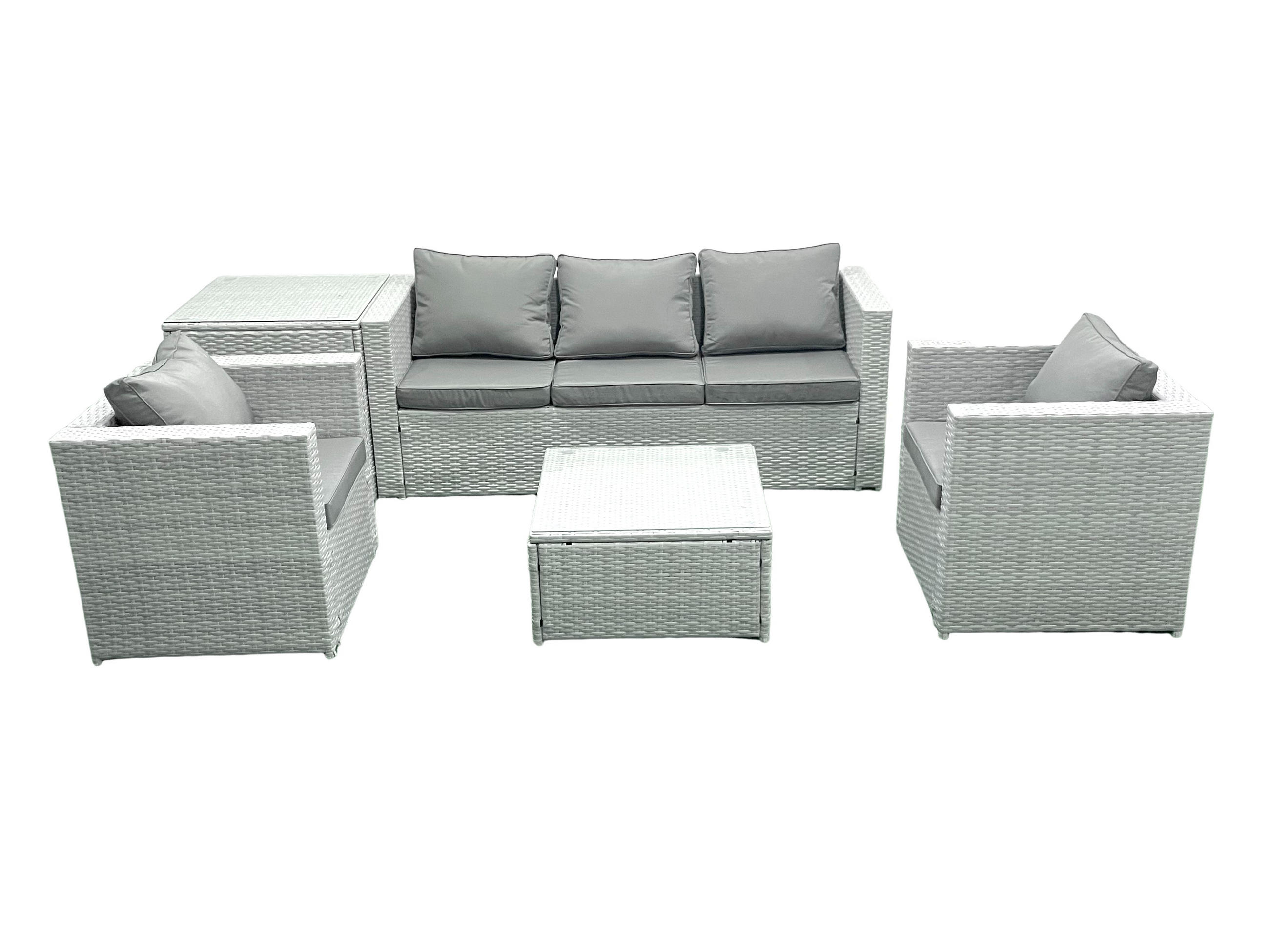 GARTENMÖBEL-SET mit Kissen Polyrattan Hellgrau-Mix 5-Sitzer - Hellgrau/Grau, Glas/Kunststoff - Fimous