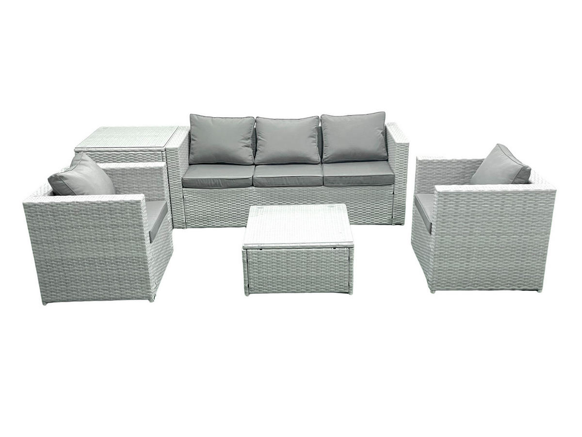 GARTENMÖBEL-SET mit Kissen Polyrattan Hellgrau-Mix 5-Sitzer - Hellgrau/Grau, Glas/Kunststoff - Fimous