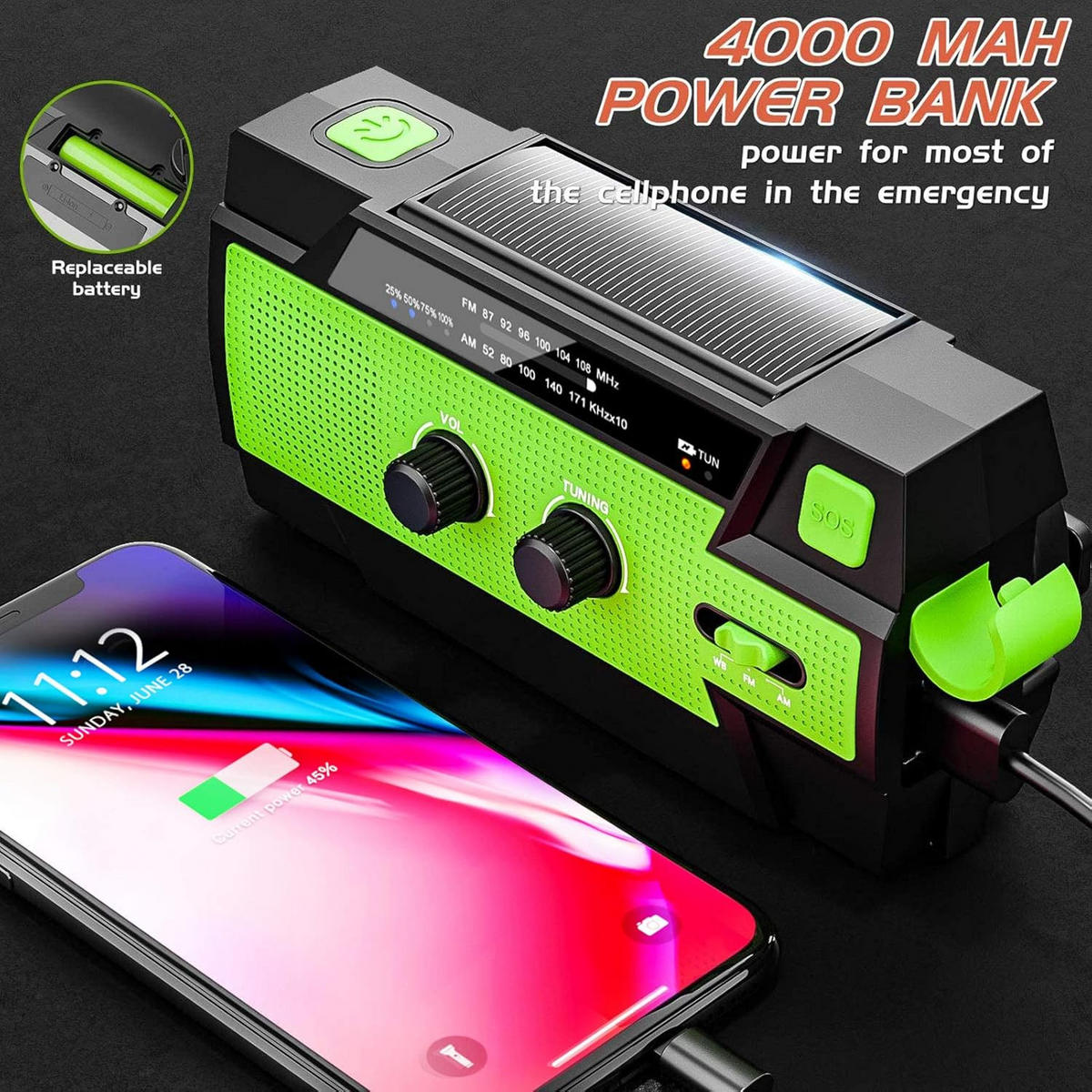 RADIO – FM/AM – 4000-mAh-Akku / LED-Taschenlampe – Grün - Grün, Kunststoff (20.2/9.8/7.2cm)